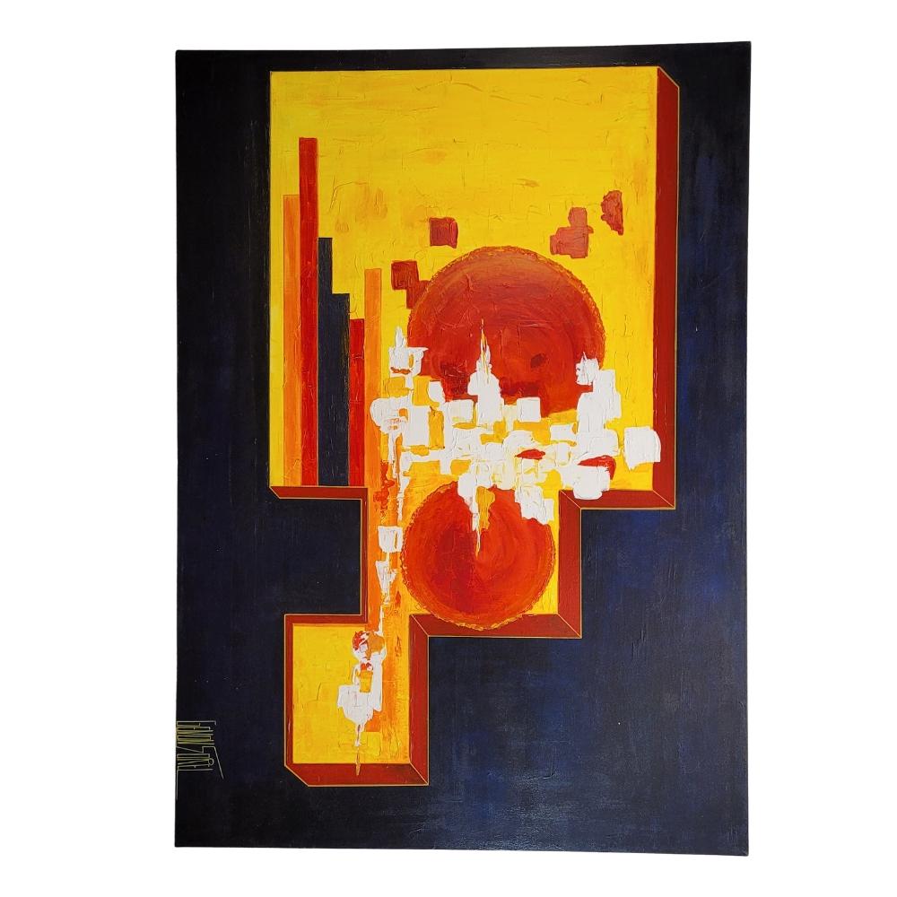 Oil on canvas abstract Frances “Soleil d’Afrique”, yellow red Cécile Genon Sorel - Abstract Geometric Painting by Unknown