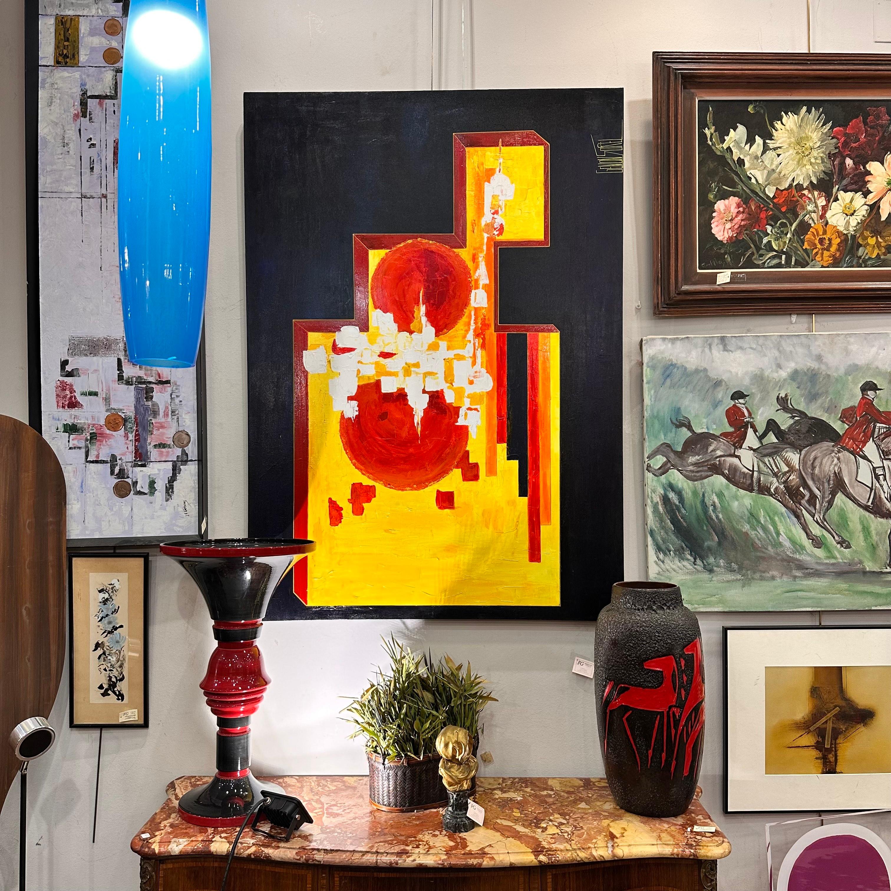 Outstanding  large-format oil on canvas, titled Sun of Africa, signed and dated 2007 by the French painter Cécile Genon Sorel. This artist's work presents very distinctive features: it is a geometric abstract art, influenced by constructivism.

In
