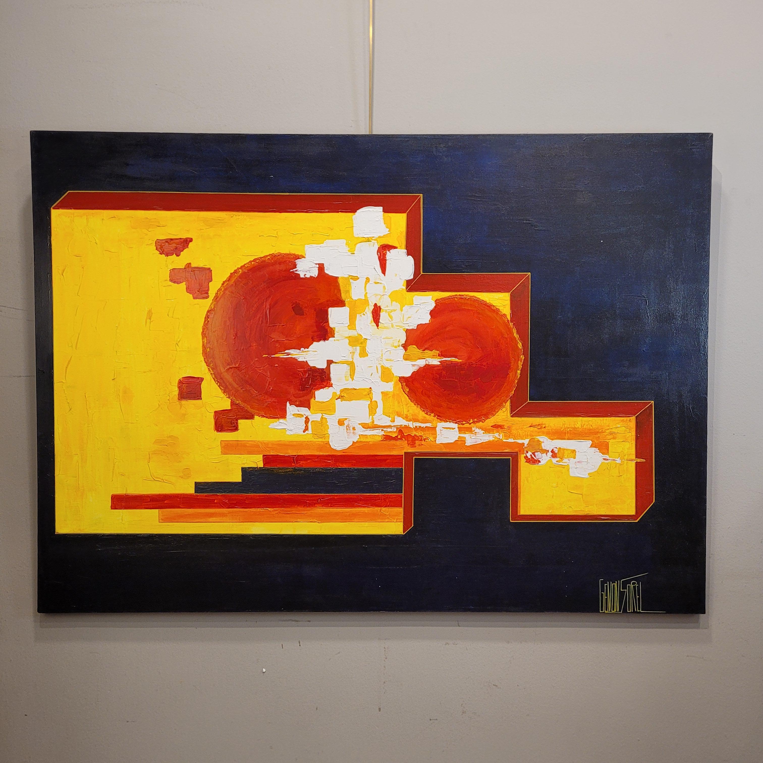 Oil on canvas abstract Frances “Soleil d’Afrique”, yellow red Cécile Genon Sorel For Sale 1