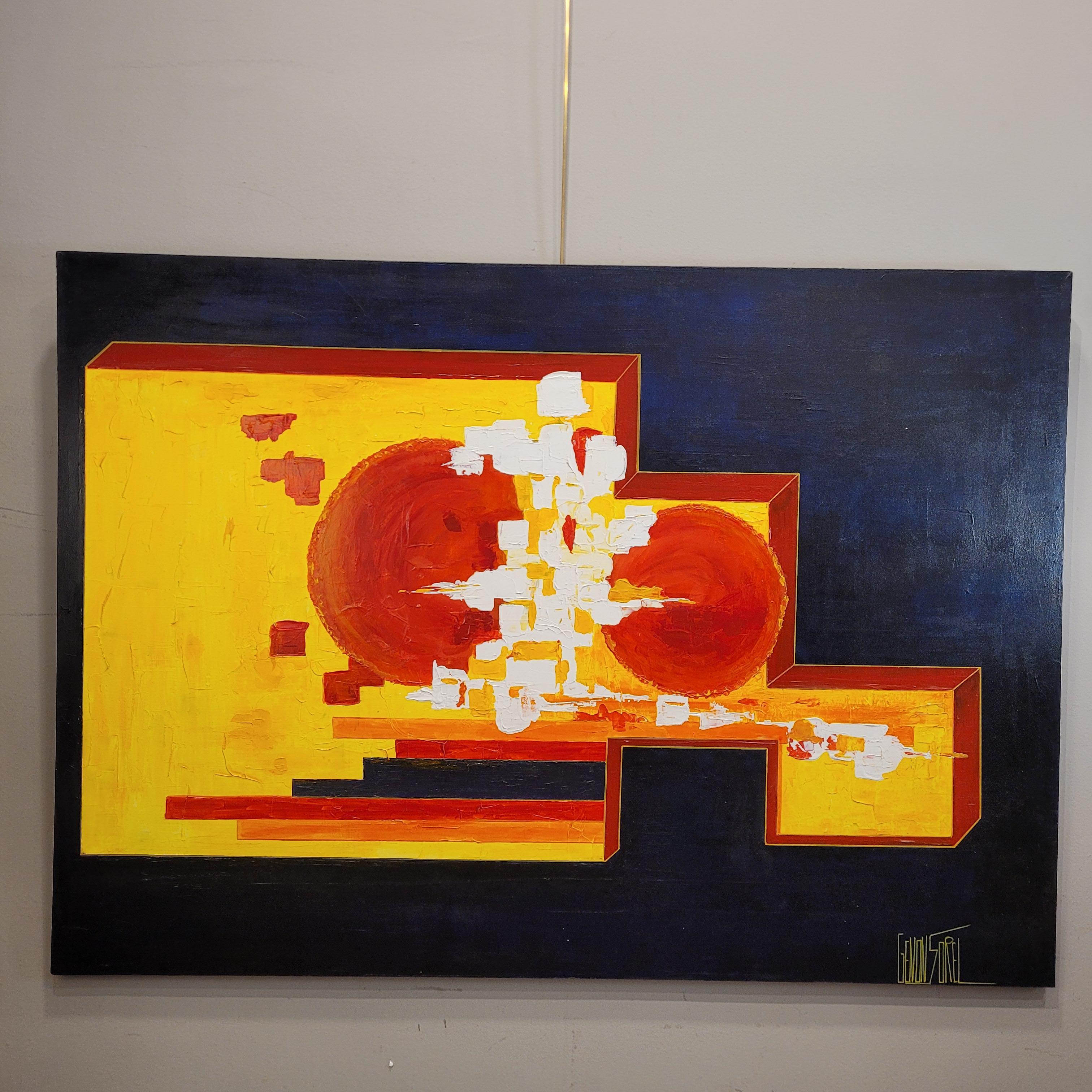 Oil on canvas abstract Frances “Soleil d’Afrique”, yellow red Cécile Genon Sorel For Sale 2