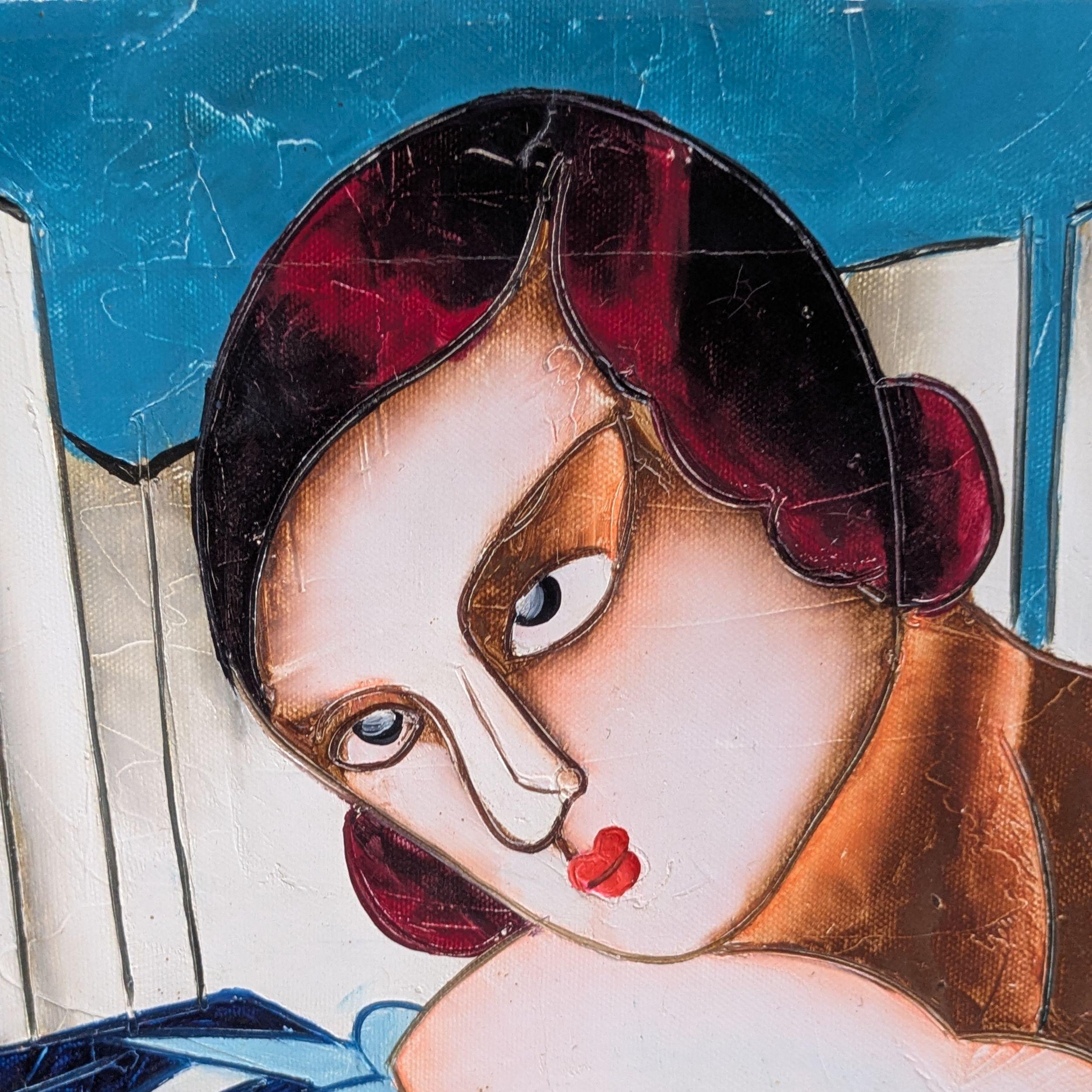 Olio su tela dopo la Donna blu con chitarra di Tamara De Lempicka, Sconosciuto - Figurative Painting Nero di Unknown
