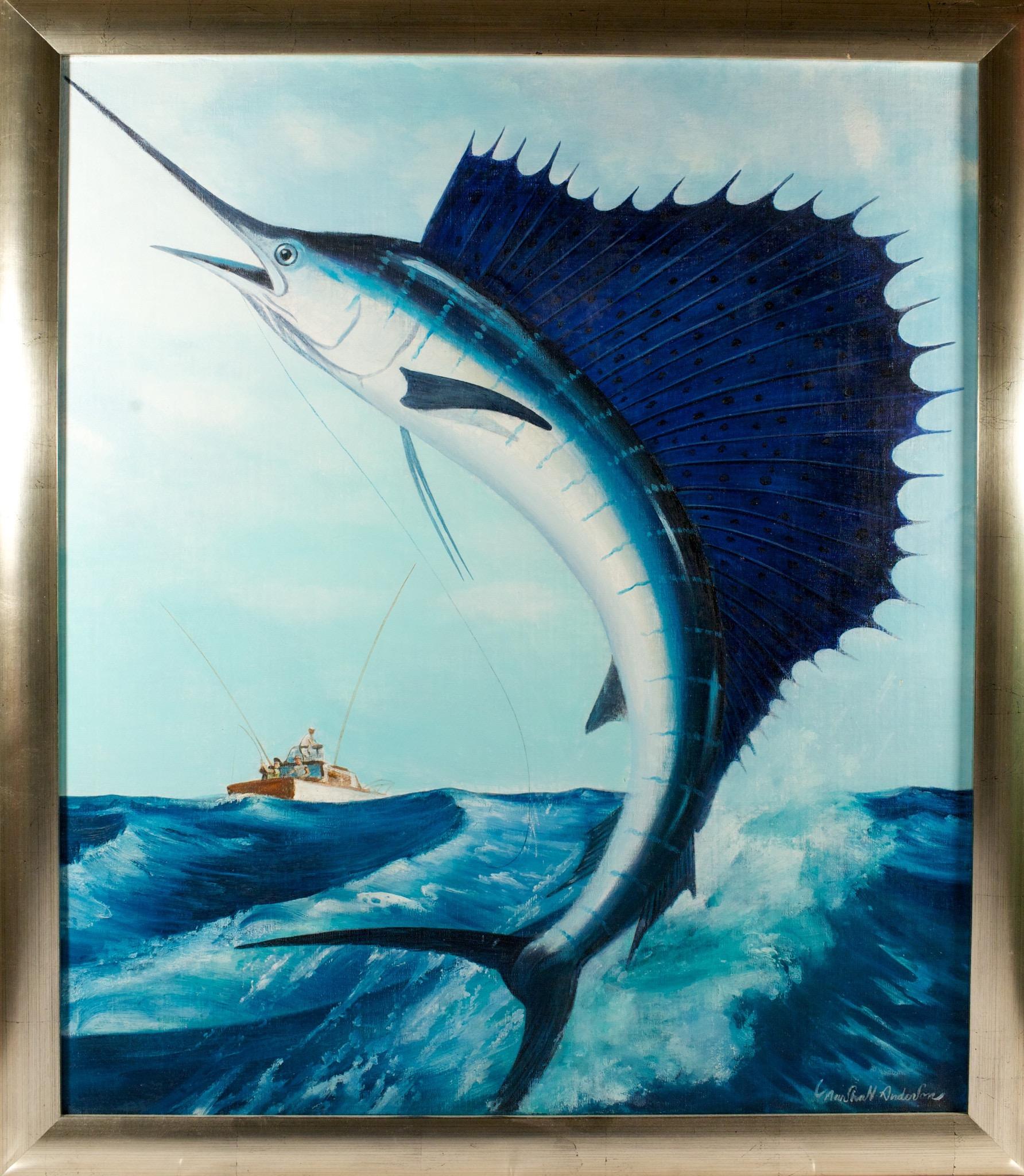 Unknown Animal Painting - Oil on Canvas Leaping Sailfish by Marshall Anderson