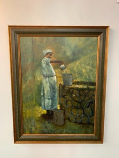 Oil on Canvas Figurative Painting of a Farmer Woman by a Well