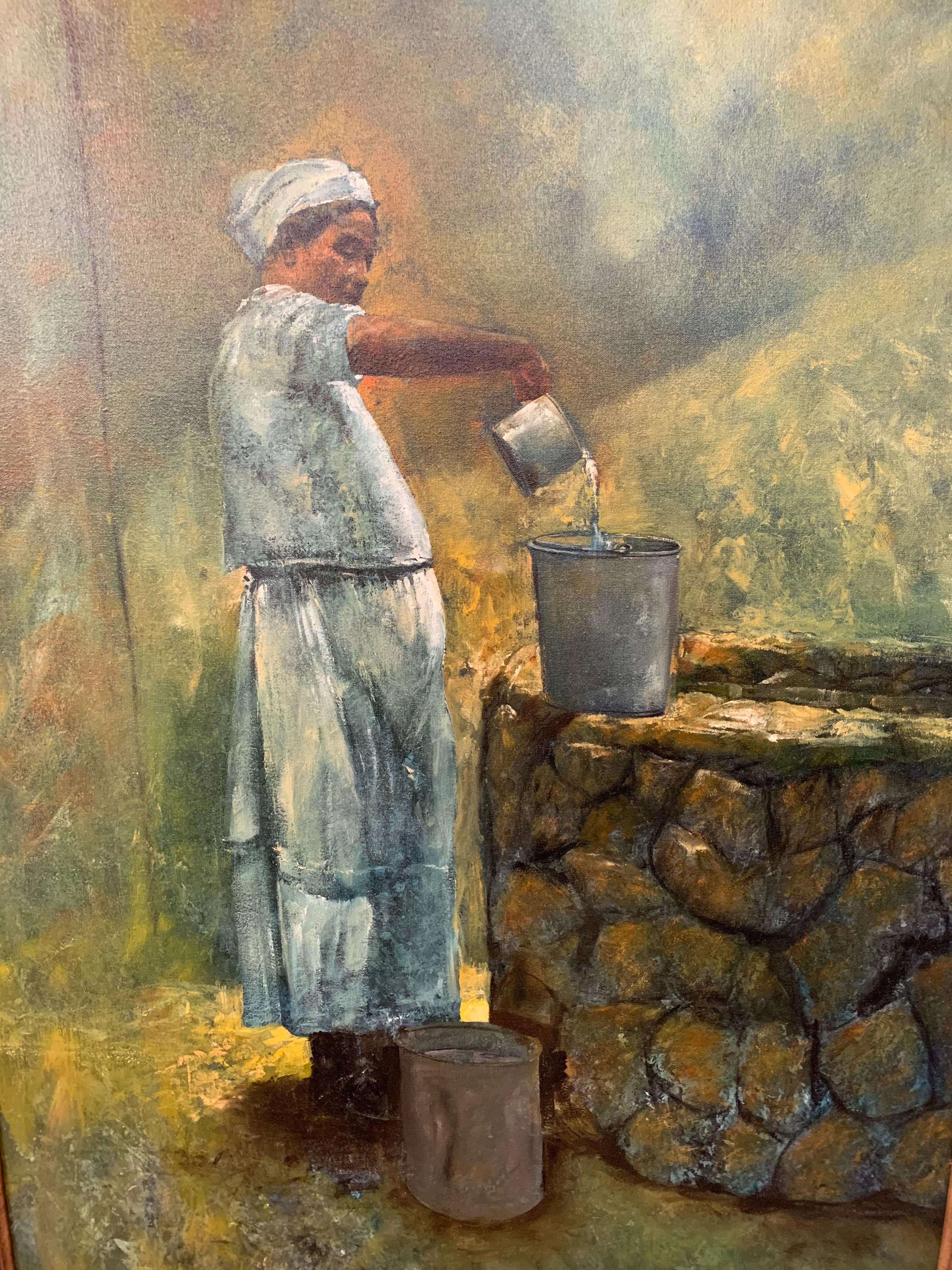 Oil on Canvas Figurative Painting of a Farmer Woman by a Well For Sale 2