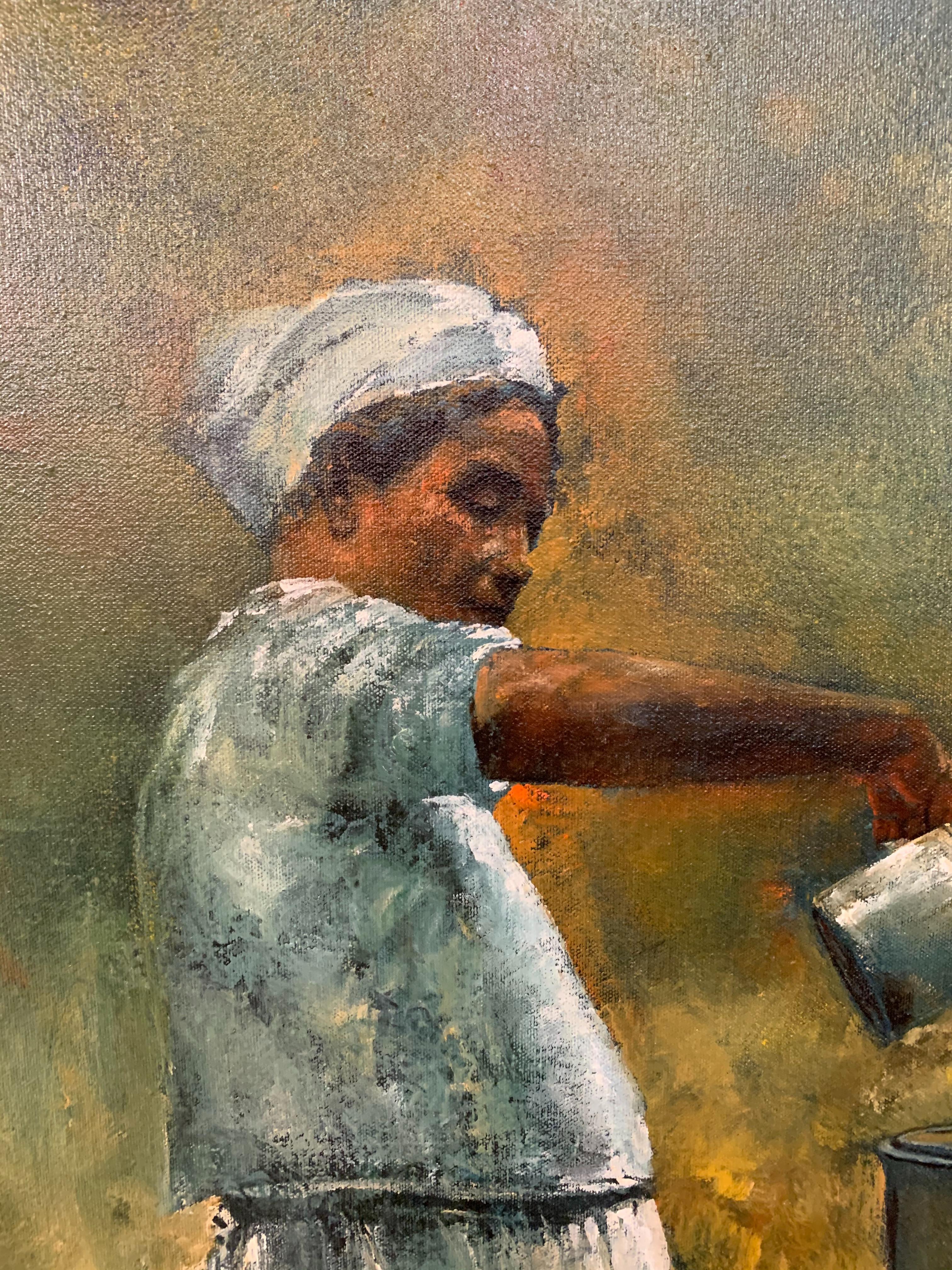 Oil on Canvas Figurative Painting of a Farmer Woman by a Well For Sale 3