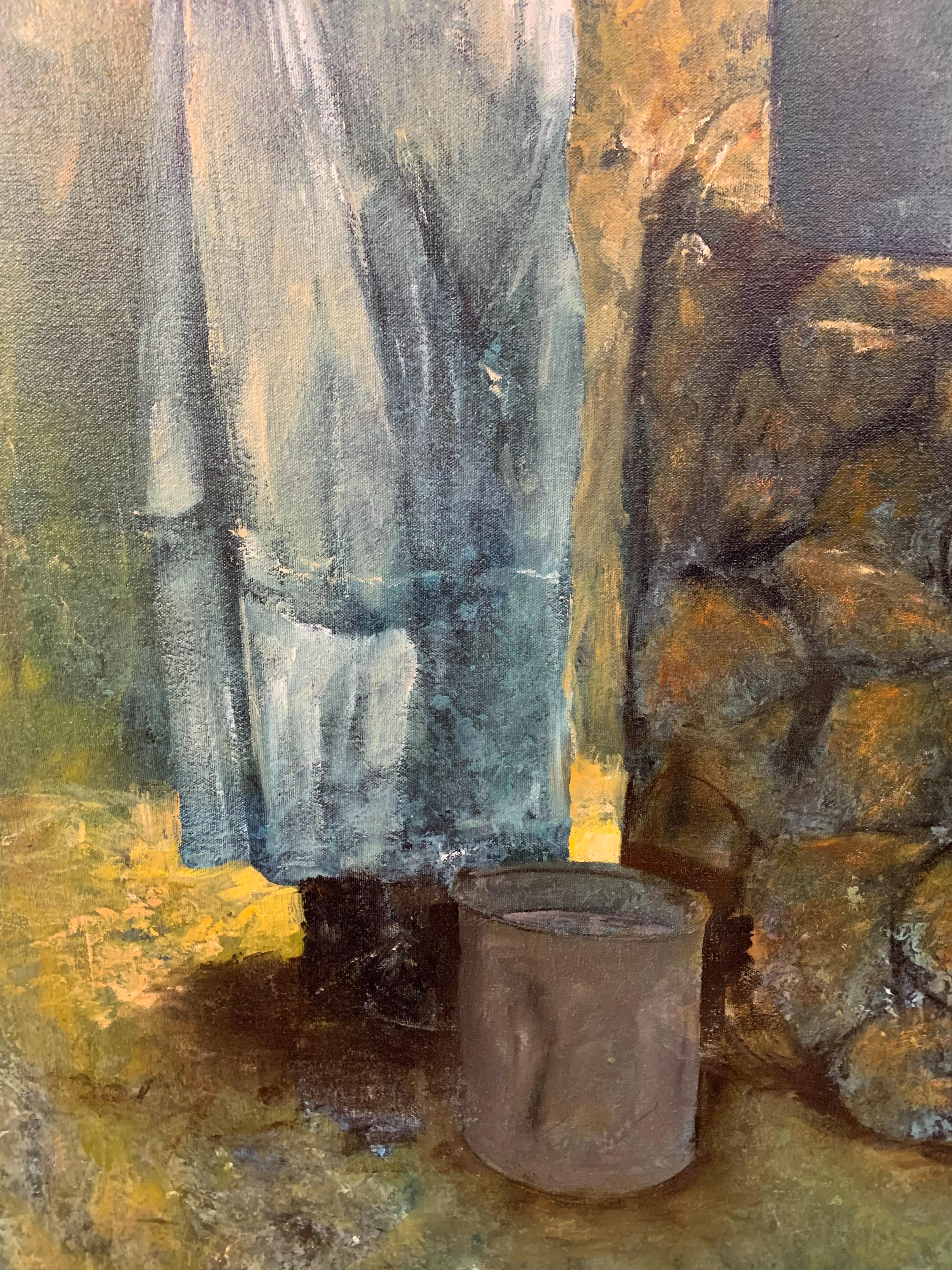 Oil on Canvas Figurative Painting of a Farmer Woman by a Well For Sale 5