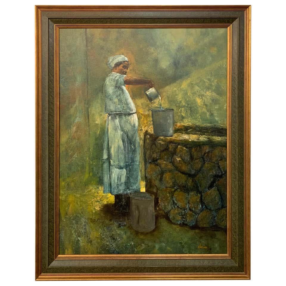 A stunning large figurative painting of a working farmer woman sourcing water by a well. The painting features earthy colors in a green dark tone contrasting with the white outfit of the woman. The painting is signed by the artist "Damien” and is