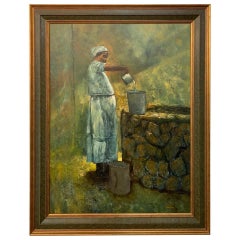 Peinture figurative à l'huile sur toile d'une femme fermiere par un puits