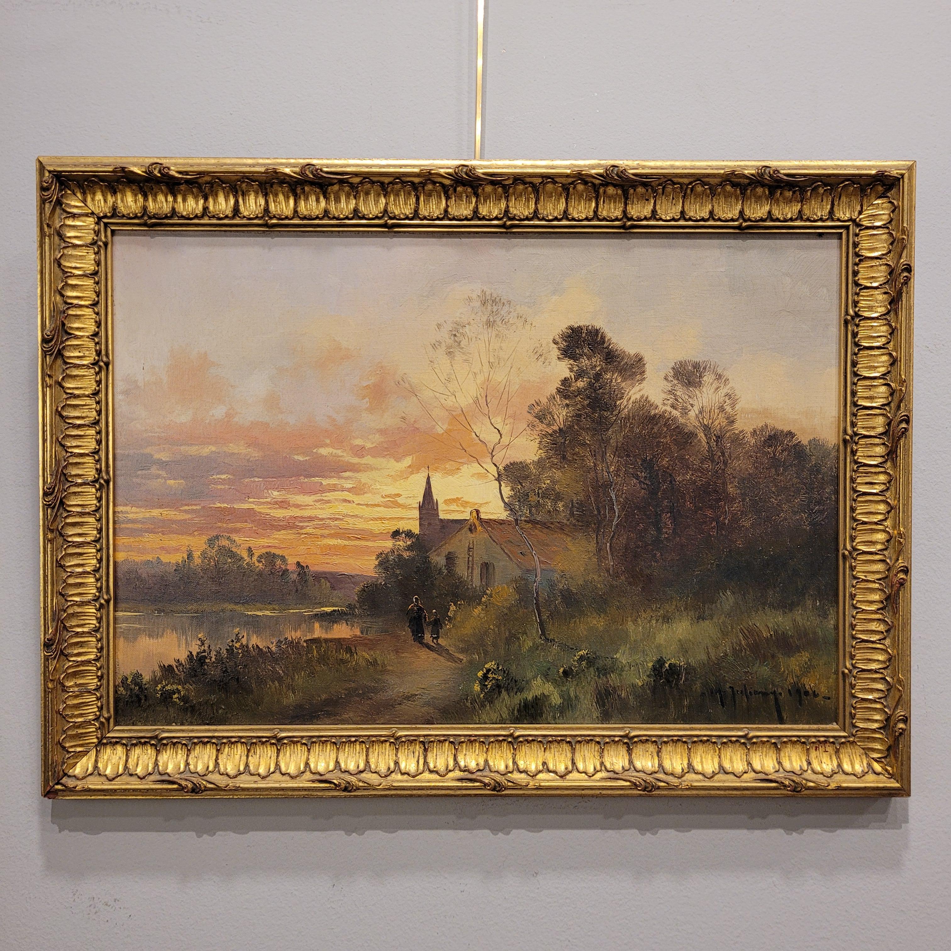 A charming  and beautiful  rural landscape in oil on canvas by the French painter M. Juliany,   signed in the lower right corner, French School . In the foreground, a winding path is traversed by two figures, who could be a mother and her daughter.