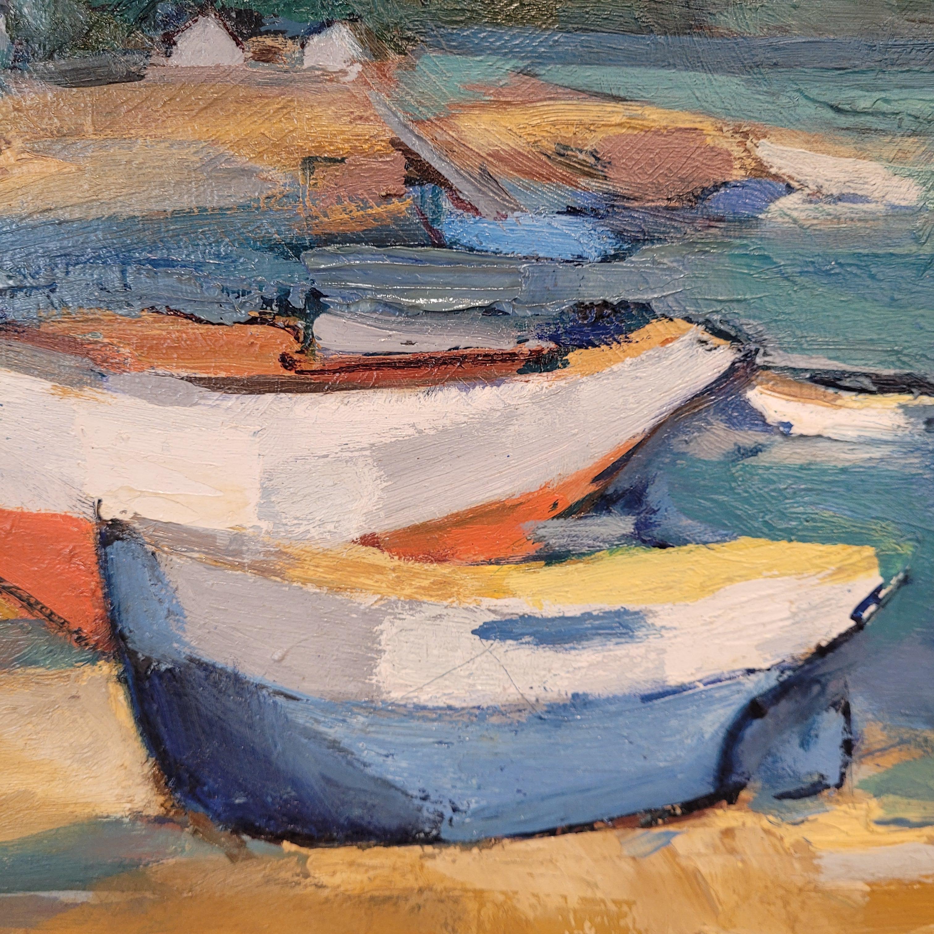 Öl auf Leinwand, Französischer Pop-Impressionismus, Boote am Ufer, Mainie im Angebot 5