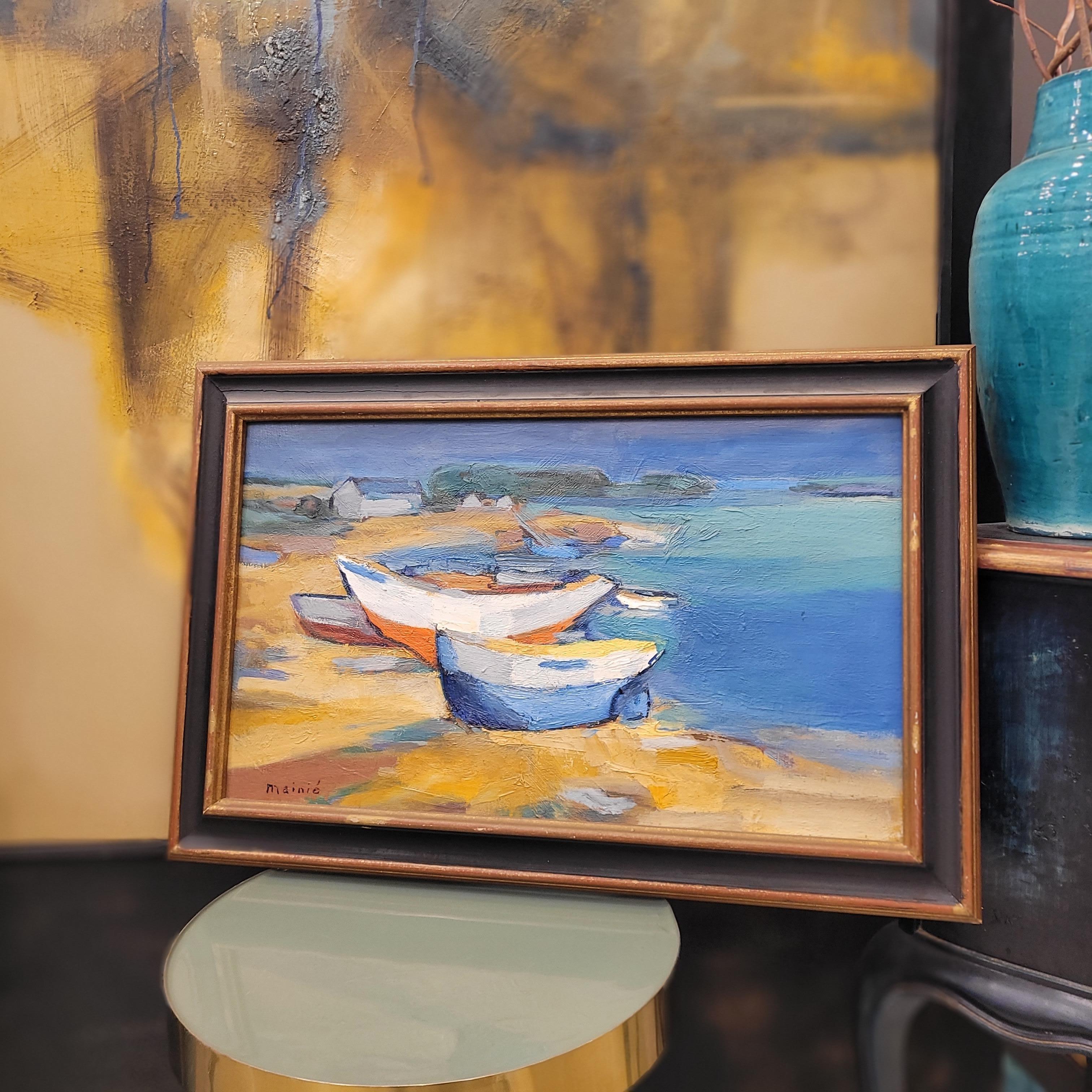 Öl auf Leinwand, Französischer Pop-Impressionismus, Boote am Ufer, Mainie im Angebot 13