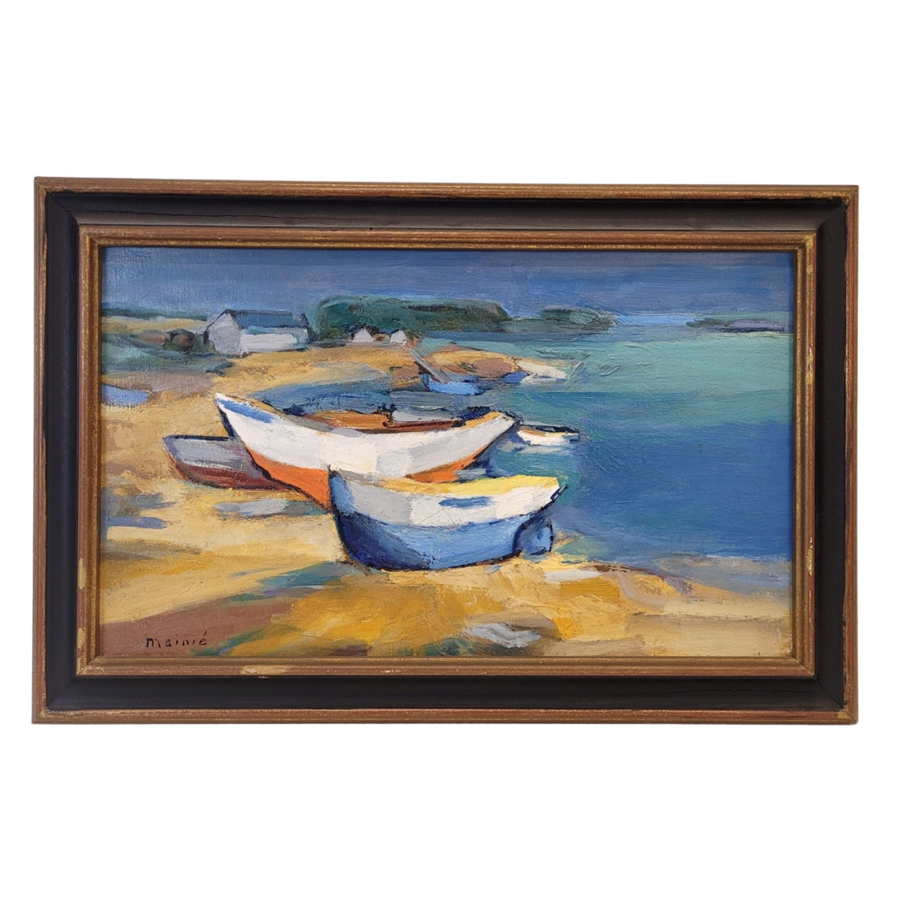 Öl auf Leinwand, Französischer Pop-Impressionismus, Boote am Ufer, Mainie im Angebot 14