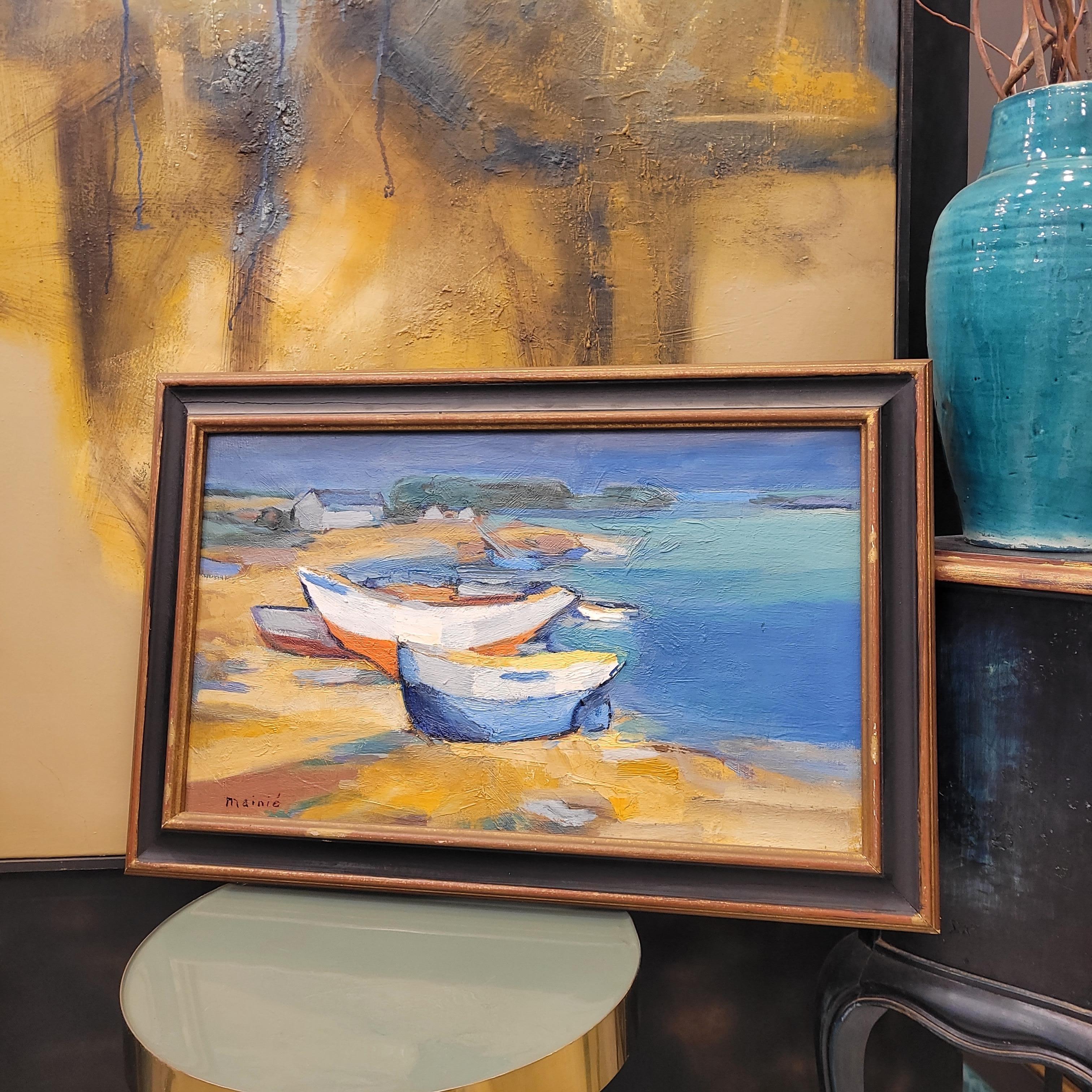 Öl auf Leinwand, Französischer Pop-Impressionismus, Boote am Ufer, Mainie (Post-Impressionismus), Painting, von Unknown