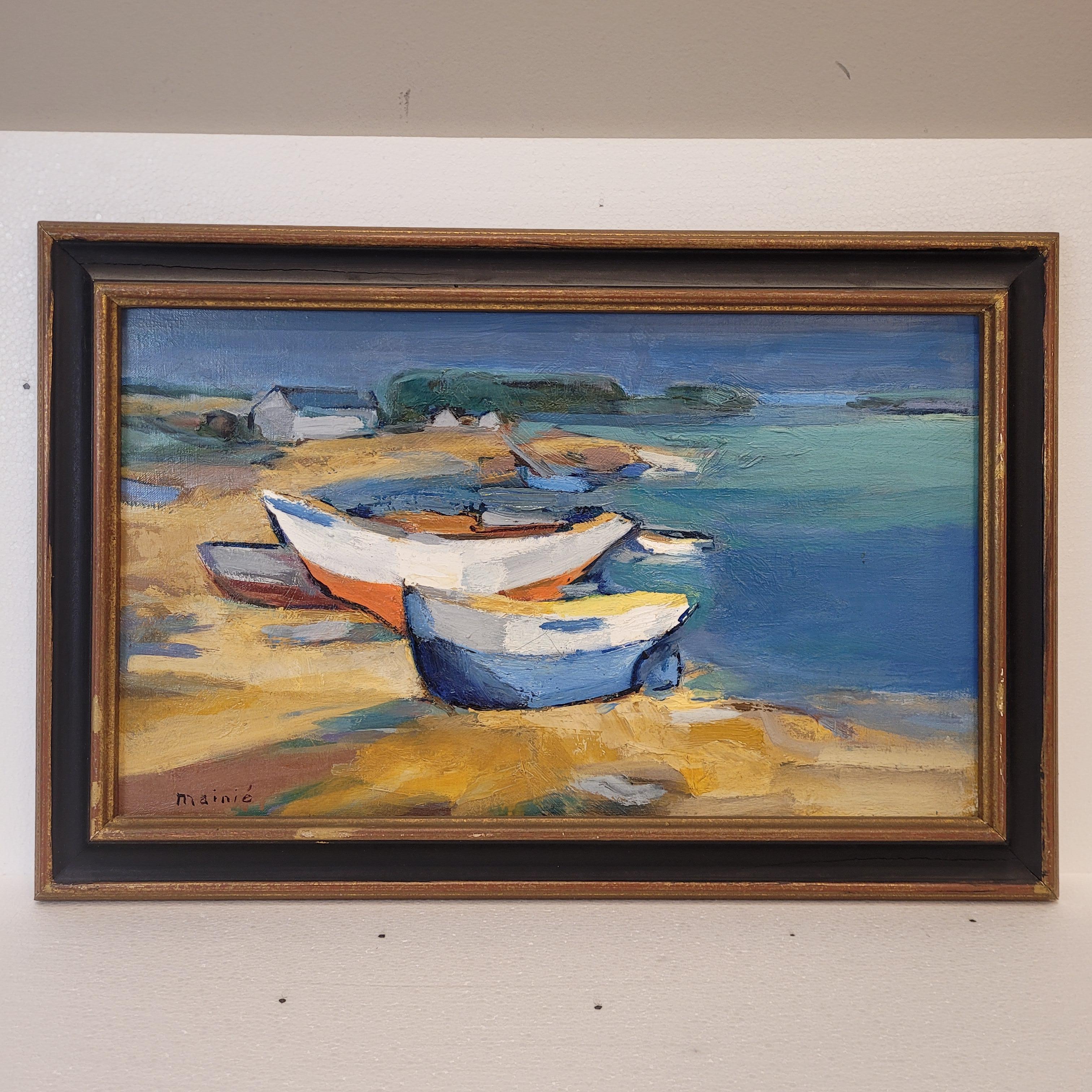 Öl auf Leinwand, Französischer Pop-Impressionismus, Boote am Ufer, Mainie im Angebot 1