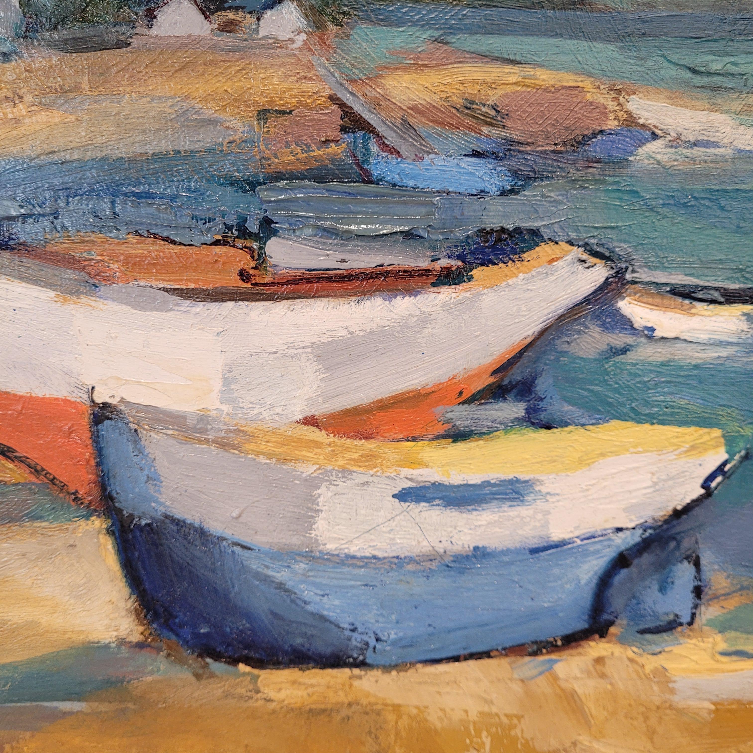 Öl auf Leinwand, Französischer Pop-Impressionismus, Boote am Ufer, Mainie im Angebot 4