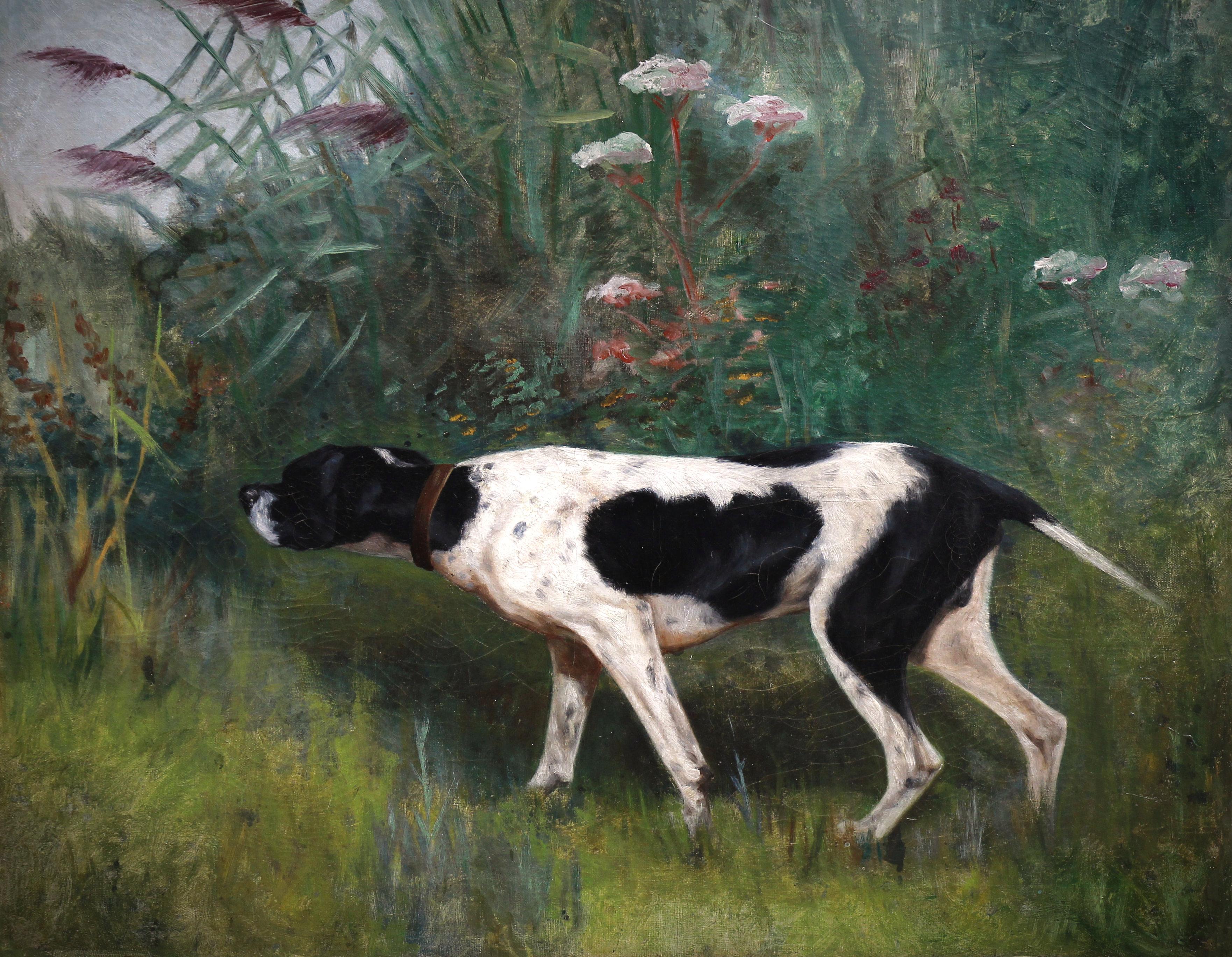 Huile sur toile, pointe, chien de chasse, peinture française du 19ème siècle - Painting de Unknown