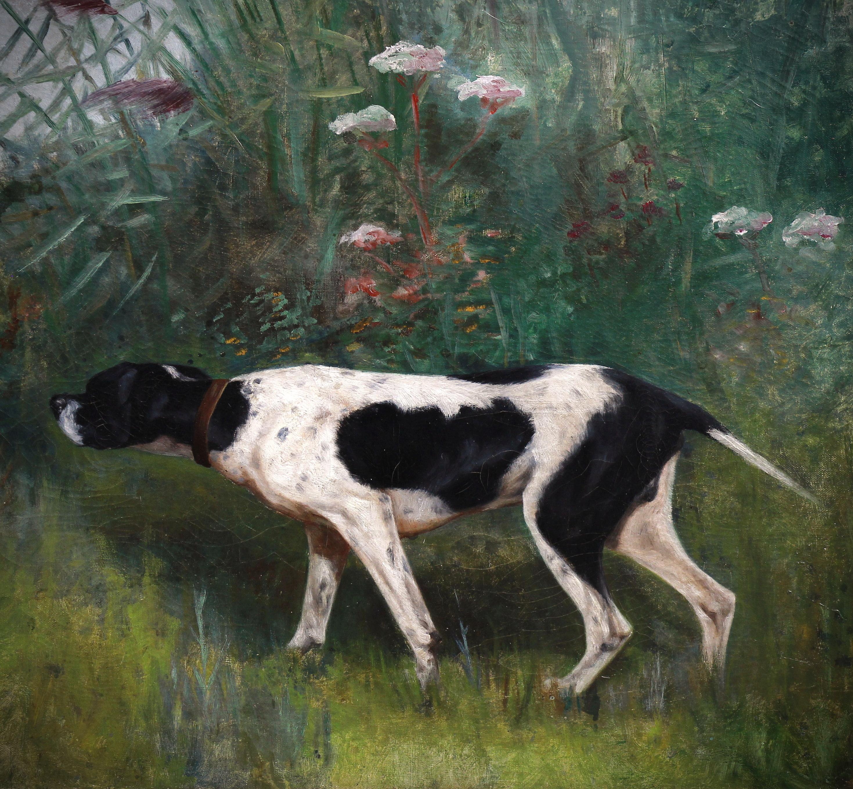Huile sur toile, pointe, chien de chasse, peinture française du 19ème siècle - École française Painting par Unknown