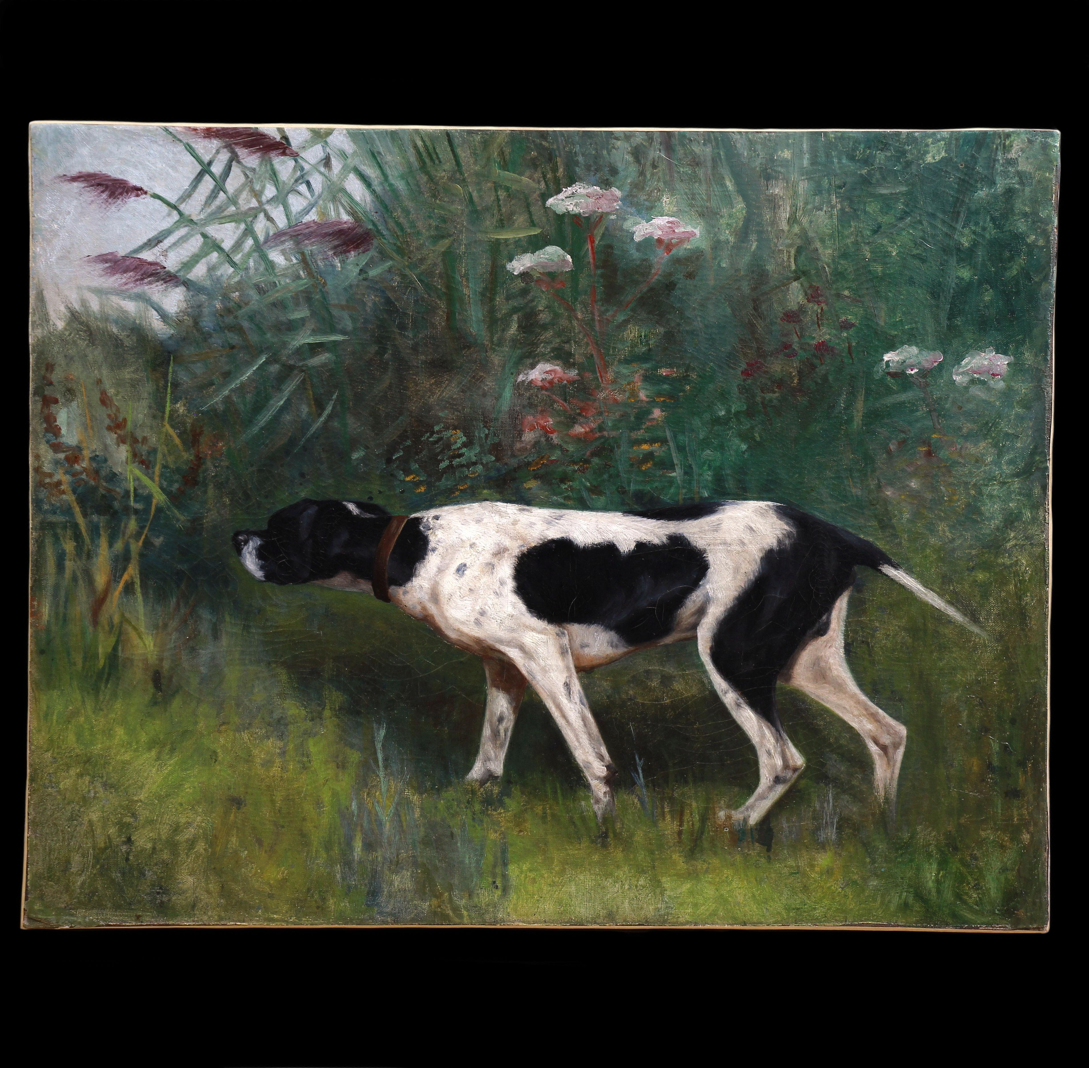 Huile sur toile, pointe, chien de chasse, peinture française du 19ème siècle - Noir Animal Painting par Unknown