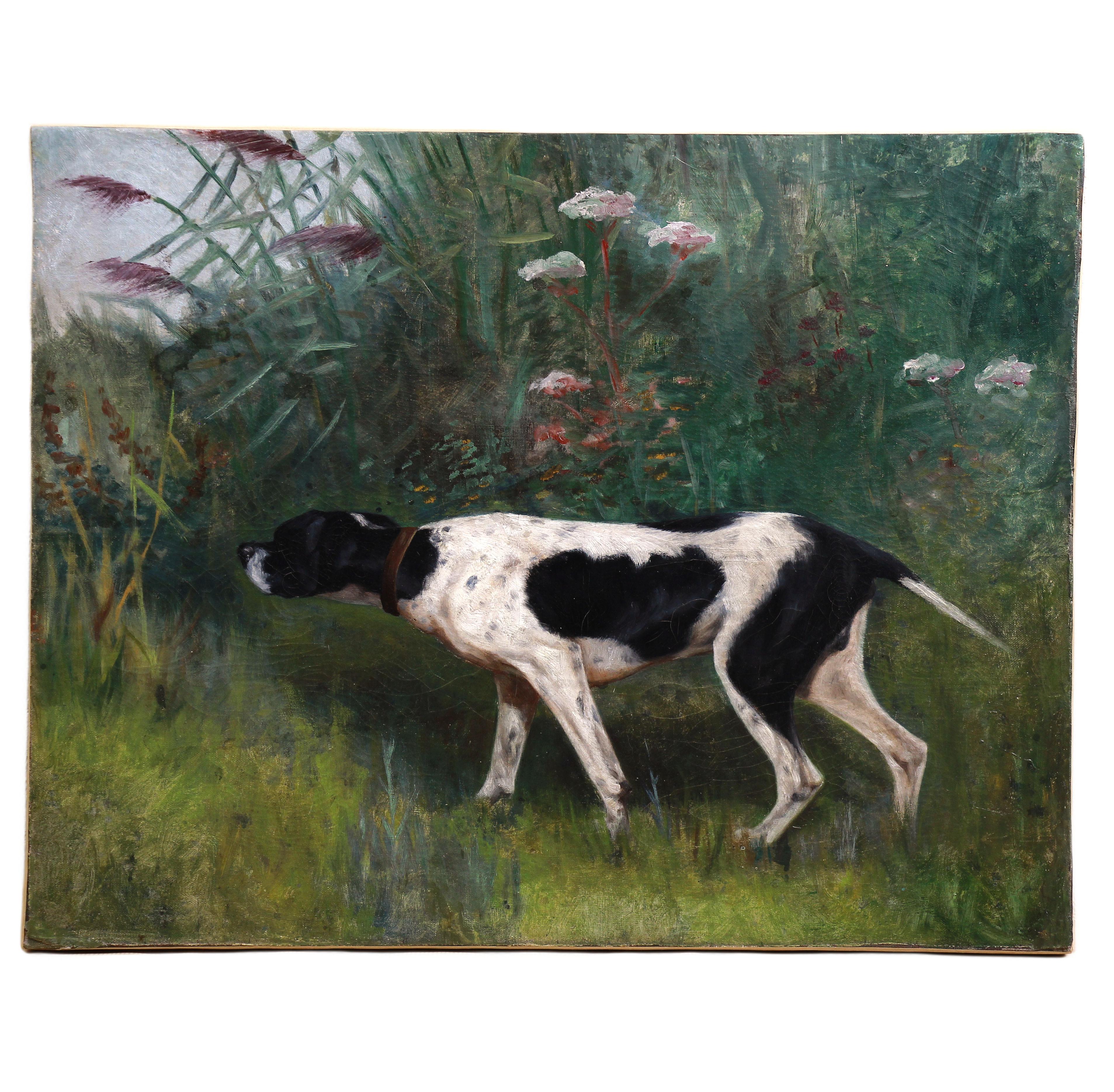 Óleo sobre lienzo, perro de caza puntero Pintura francesa 19Th
