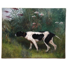 Antique Oil On Canvas, pointer Hunting Dog French Painting 19Th