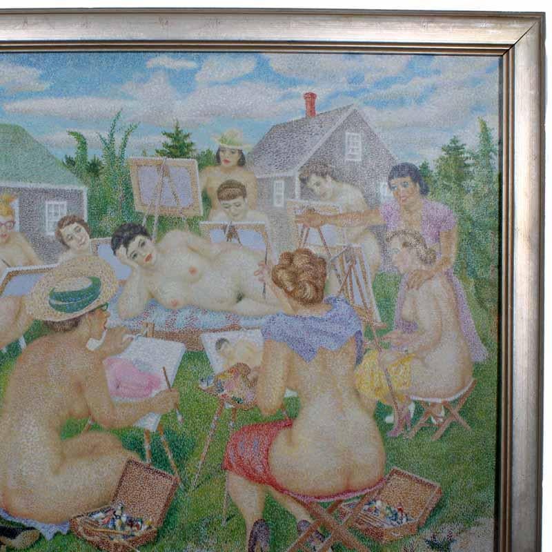 An oil on canvas pointillism painting of a naked women art class on Cape Cod. Signed by George Durant and dated '52, this is not a subject matter normally associated with the early 1950s. A wonderful study of female shapes, sizes, and ages. The