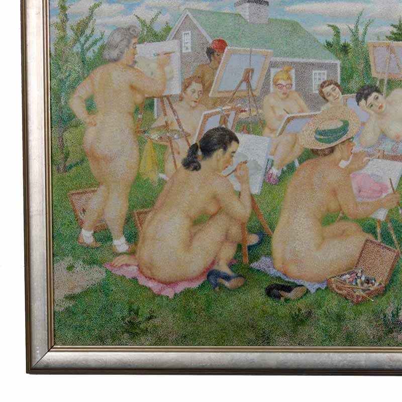 Une peinture pointilliste à l'huile sur toile d'une femme nue en cours d'art à Cape Cod. Signé par George Durant et daté de 1952, ce n'est pas un sujet normalement associé au début des années 1950. Une merveilleuse étude des formes, des tailles et
