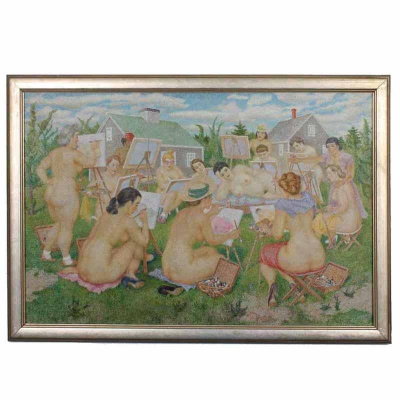 Nude Painting Unknown - Peinture à l'huile sur toile de pointillisme représentant des femmes nues