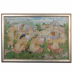 Oil on Canvas Pointillism Painting of Naked Women