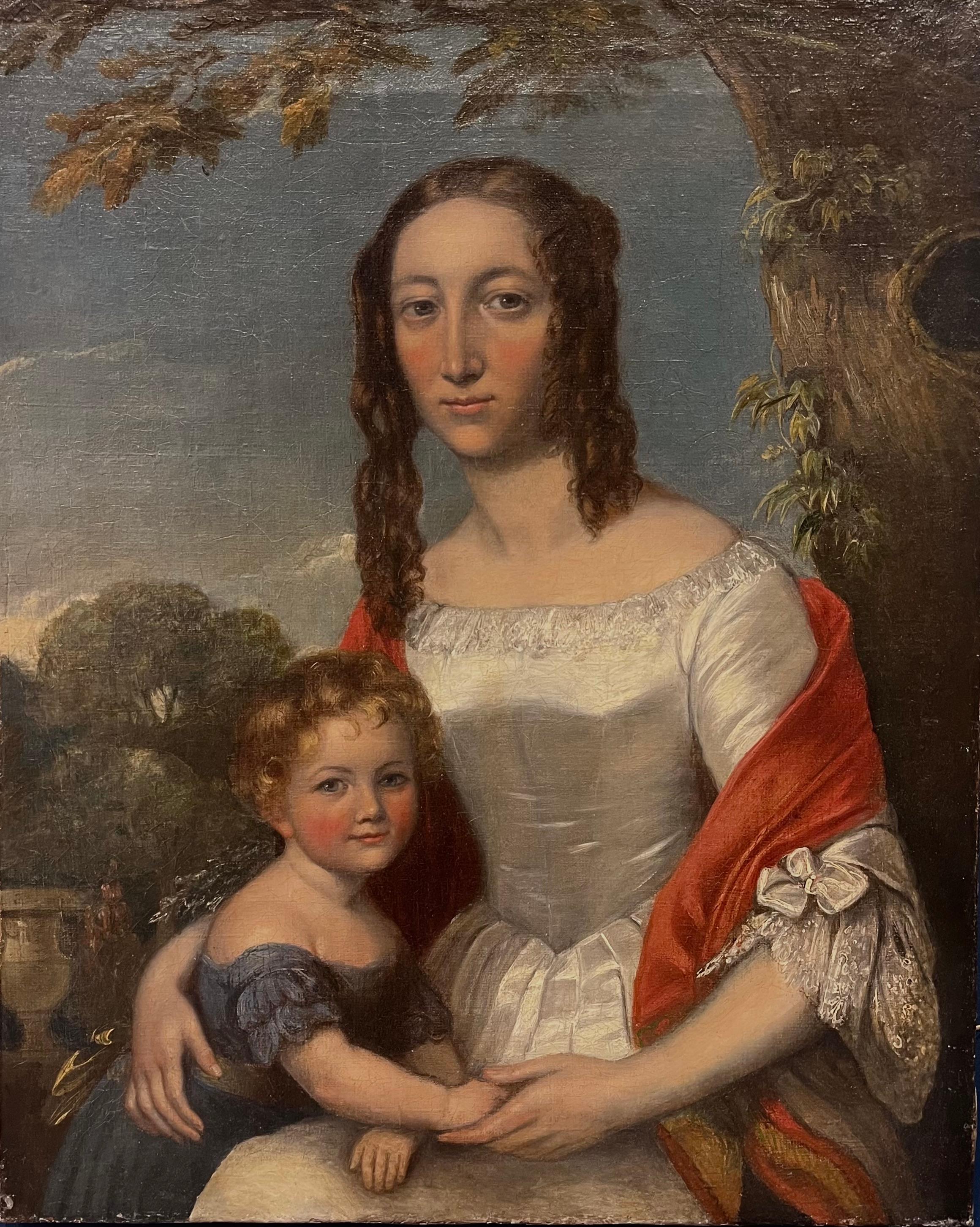 Portrait à l'huile sur toile d'une mère et d'un enfant