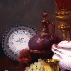 Huile sur toile "Nature morte à la porcelaine et aux fruits".