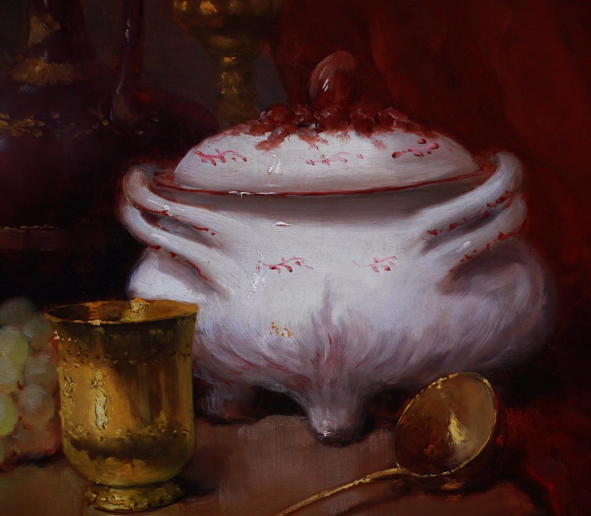 Beautiful painting of a still life with fruit and white soup tureen, restored and cleaned in good condition. 
Very special painting for collectors!

Additional information:

Title: Still life with white porcelain and fruit
Medium: oil on