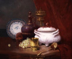 Óleo Sobre Lienzo "Bodegón con porcelana y fruta "