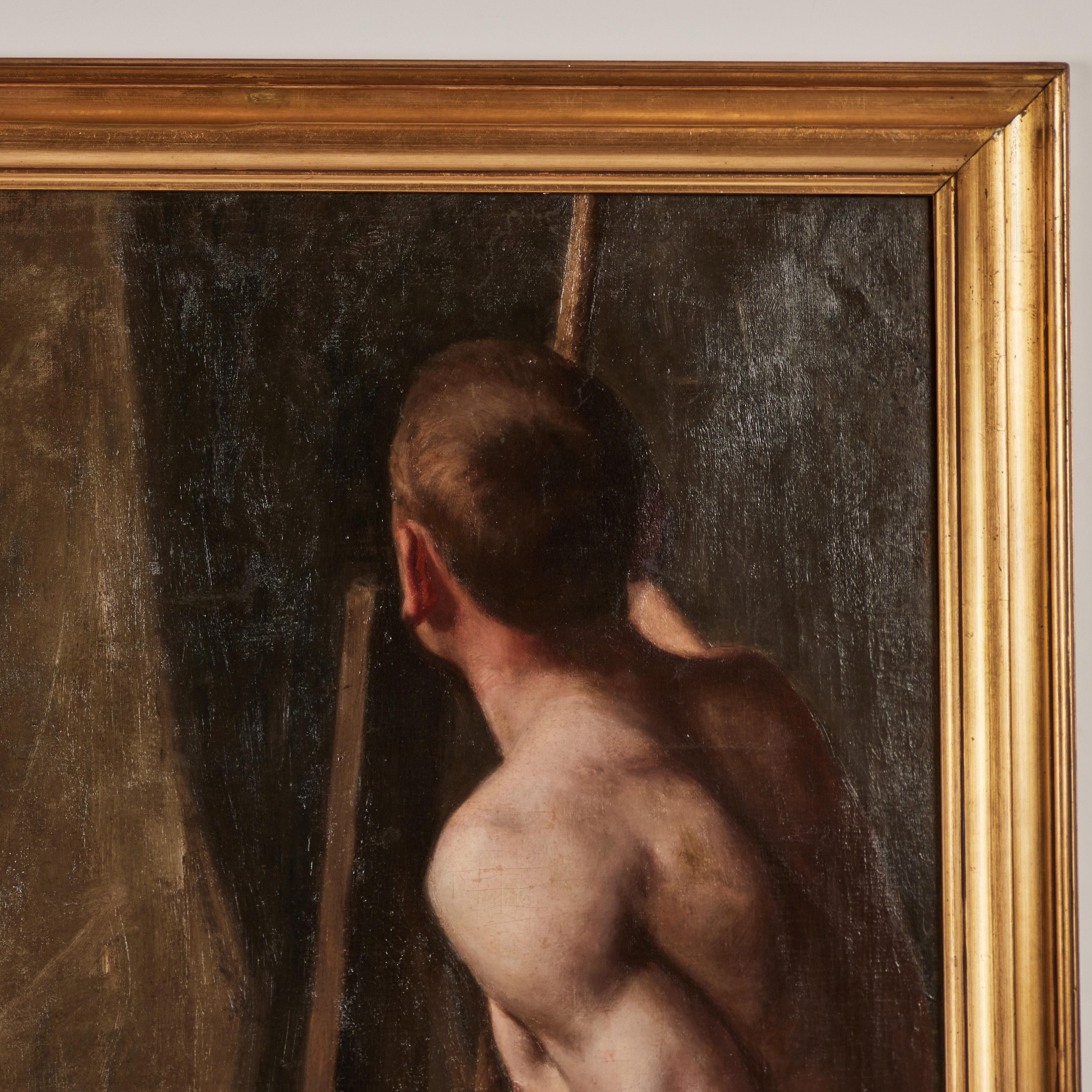 A beautifully painted study of a male nude.  Gilt wood frame.