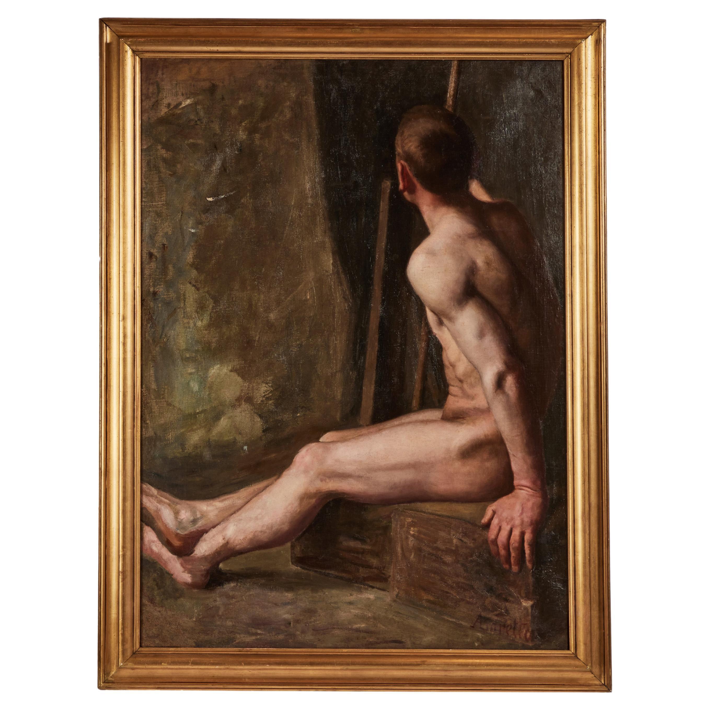 Huile sur toile Étude d'un nu masculin - Painting de Unknown