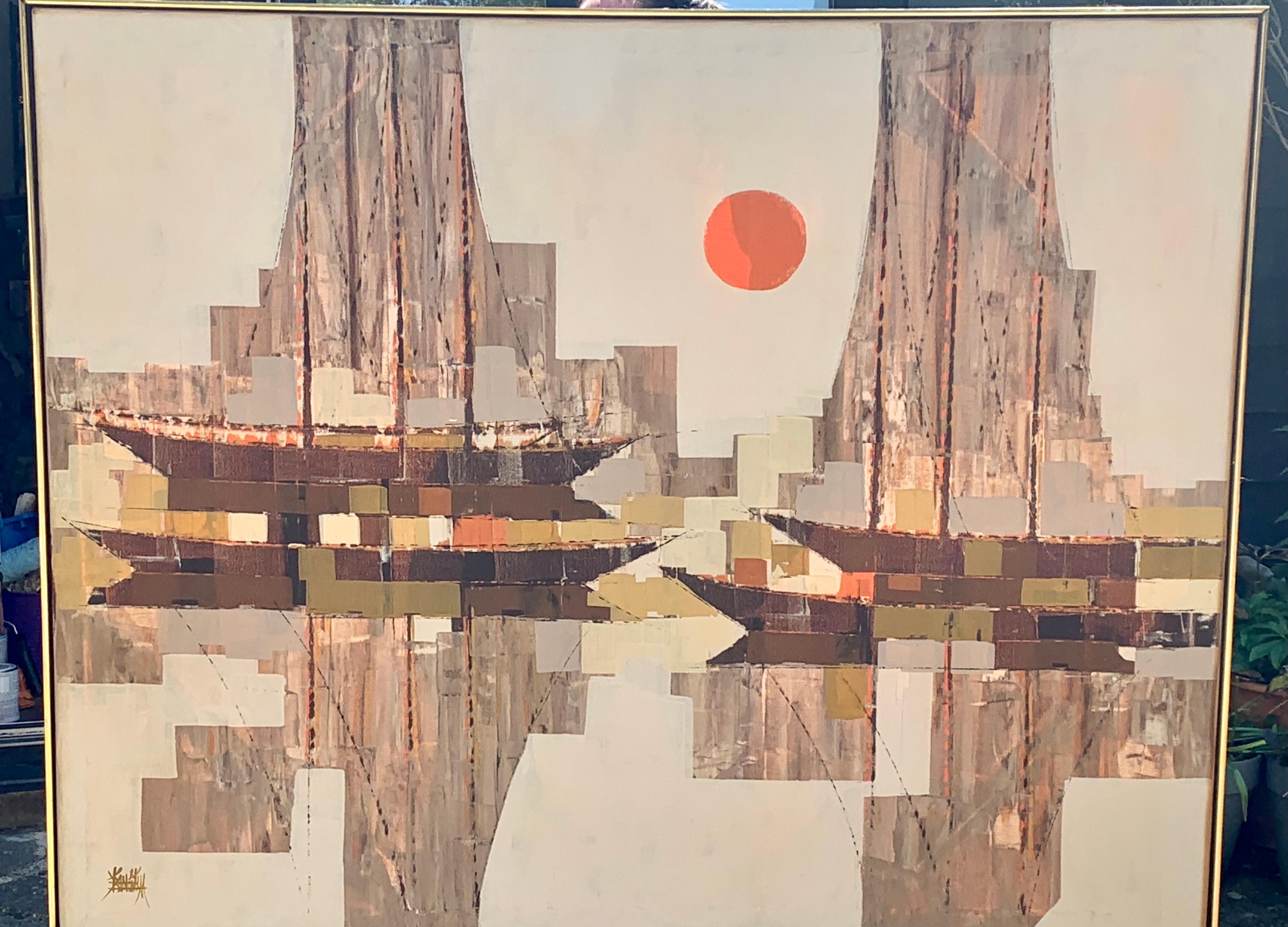 oil on canvas, Large mid 20th century century abstract sailing boat with sunset - Painting by Unknown