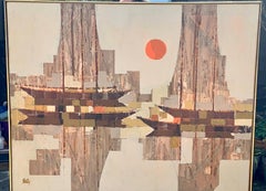 oil on canvas, Large mid 20th century century abstract sailing boat with sunset