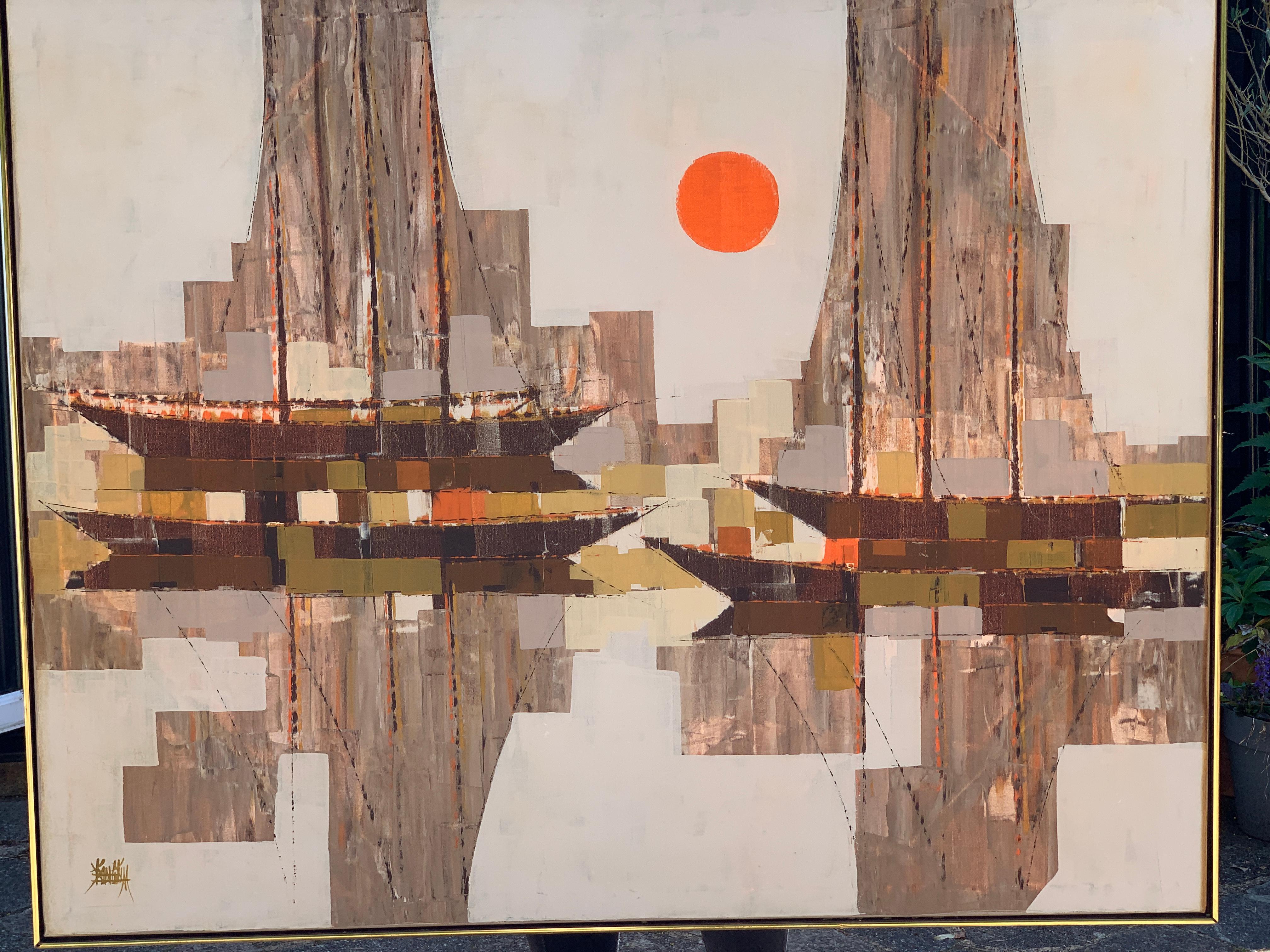 oil on canvas, Large mid 20th century century abstract sailing boat with sunset - Brown Landscape Painting by Unknown