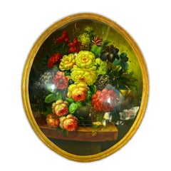 Óleo sobre madera Bodegón con flores, marco de madera dorada, oval con convexo