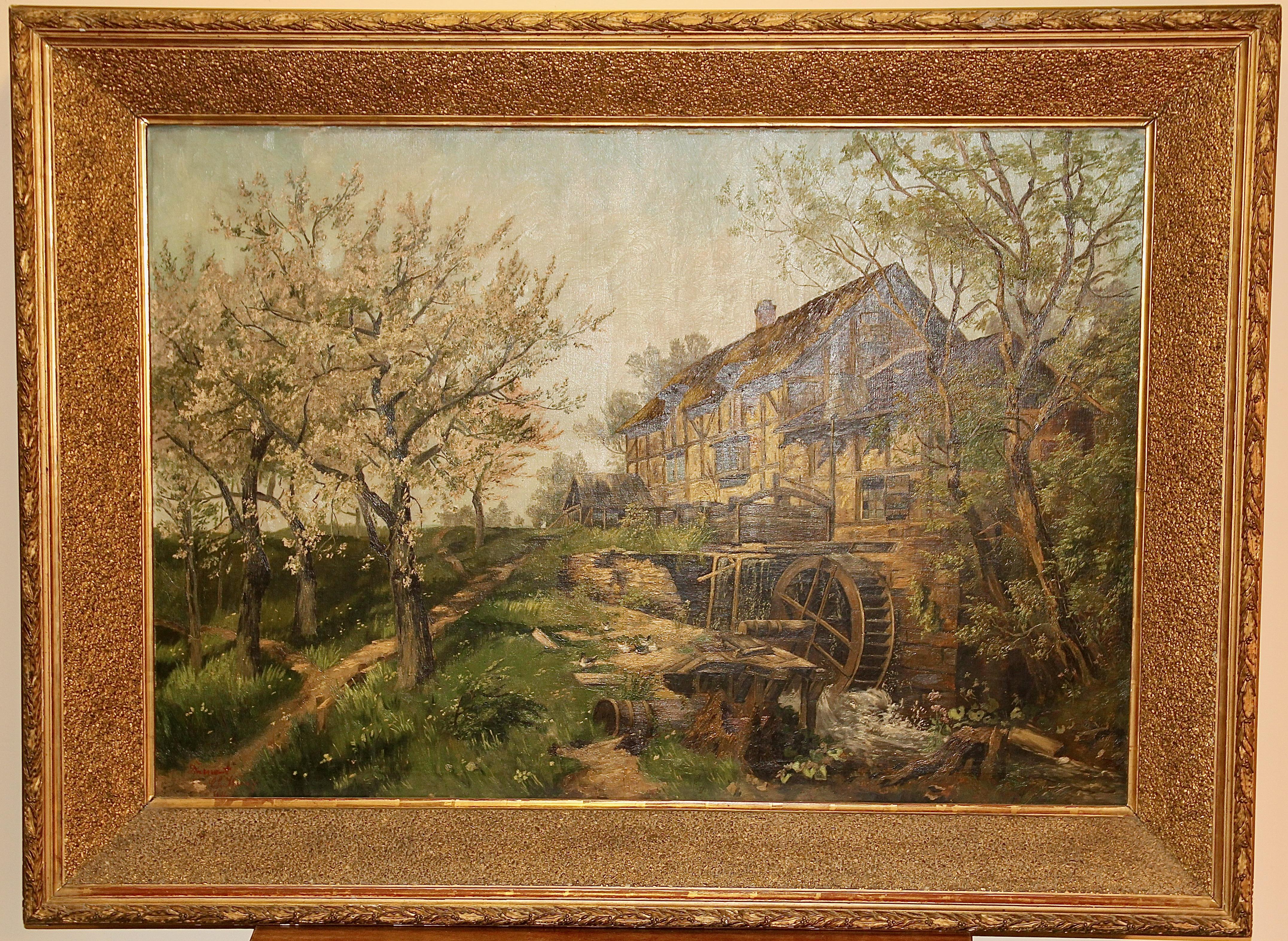 Peinture à l'huile, 19ème siècle, ferme idyllique avec roue d'eau. - Painting de Unknown