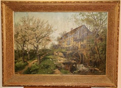 Oil Painting, 19th Century, idyllic Farmhouse with Water Wheel.