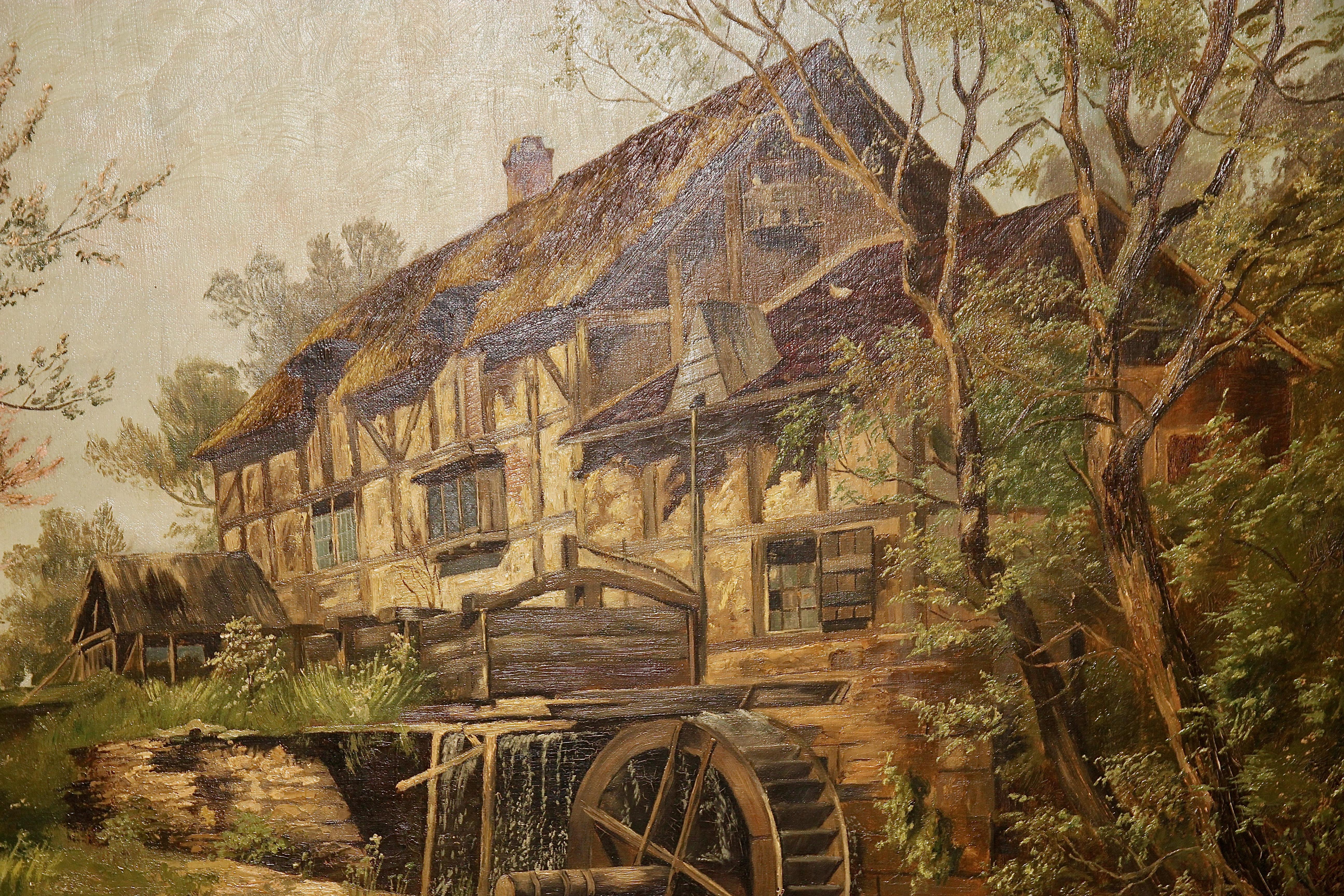 Peinture à l'huile, 19ème siècle, ferme idyllique avec roue d'eau. - Marron Landscape Painting par Unknown