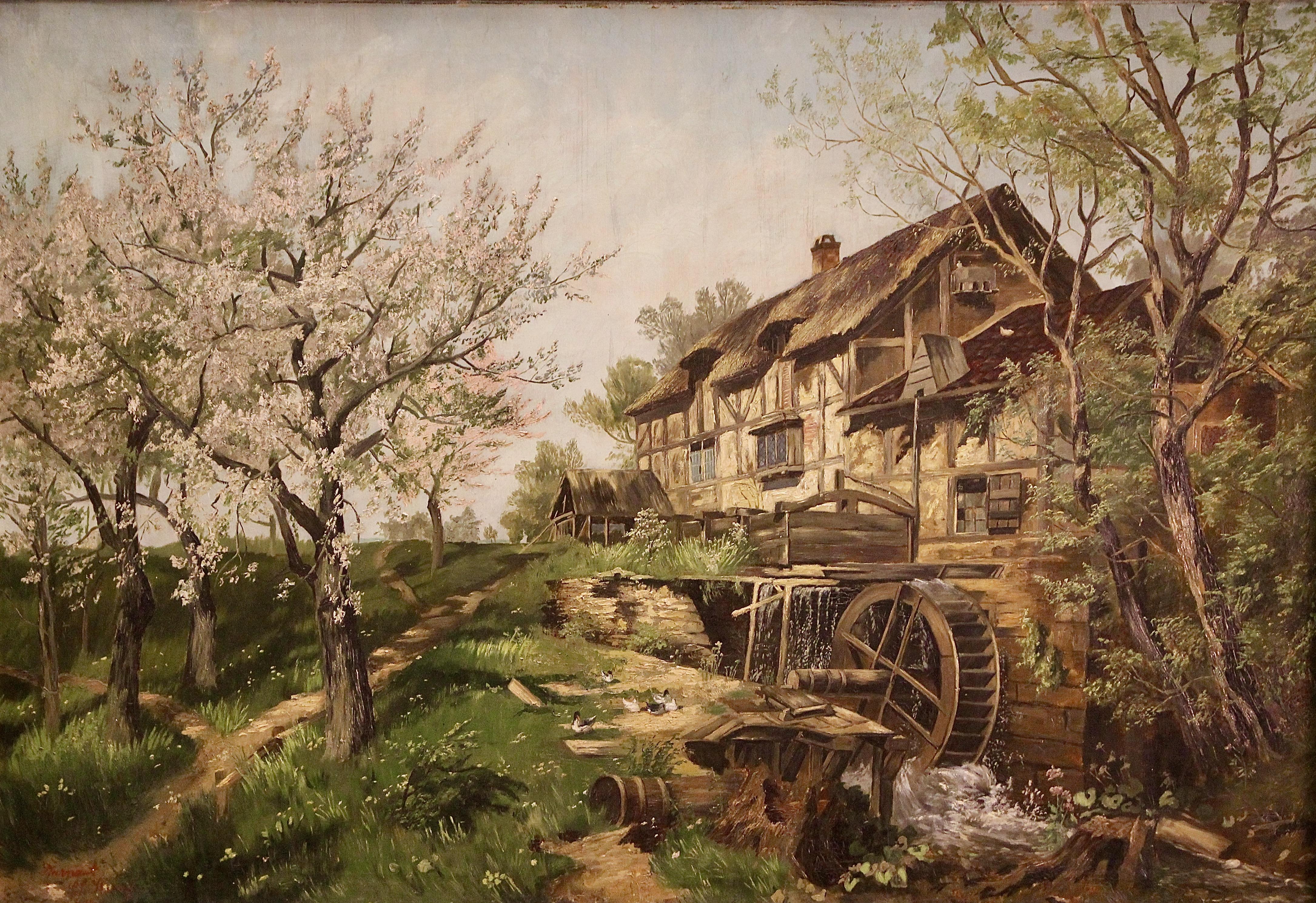 Oil Painting, 19th Century, idyllic Farmhouse with Water Wheel.