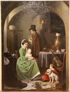 Oil Painting, 19th Century. Interior Scene with Family and dog. "The Alcoholic"