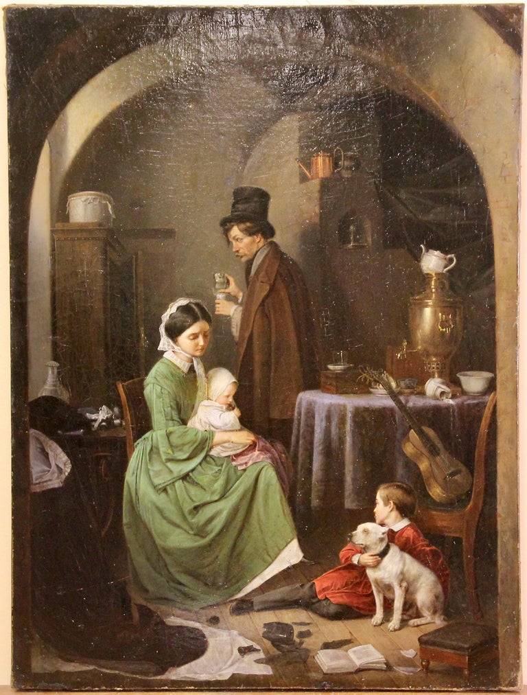 Oil Painting, 19th Century. Interior Scene with Family and dog. 