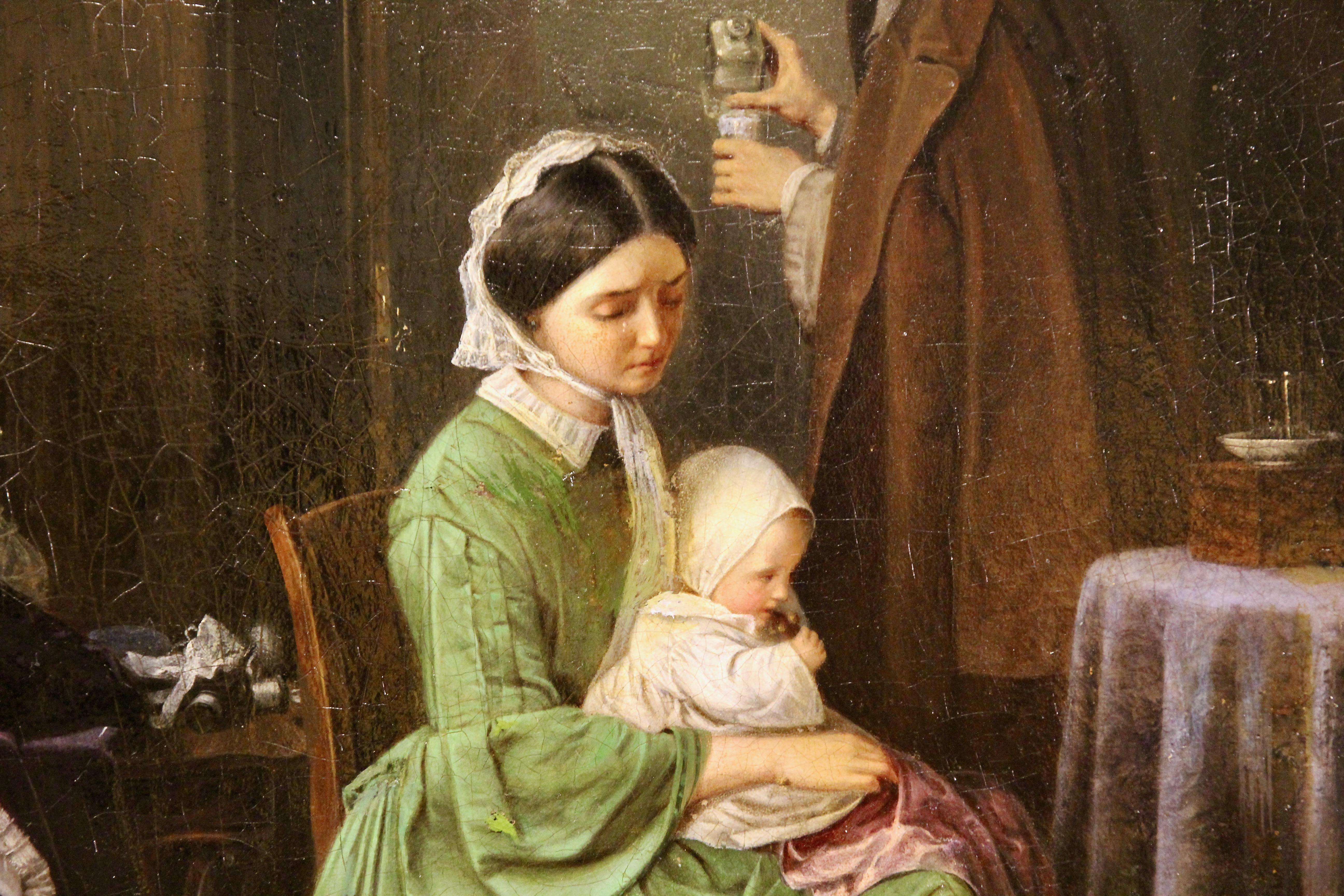 Pittura a olio, XIX secolo. Scena interna con famiglia e cane. 