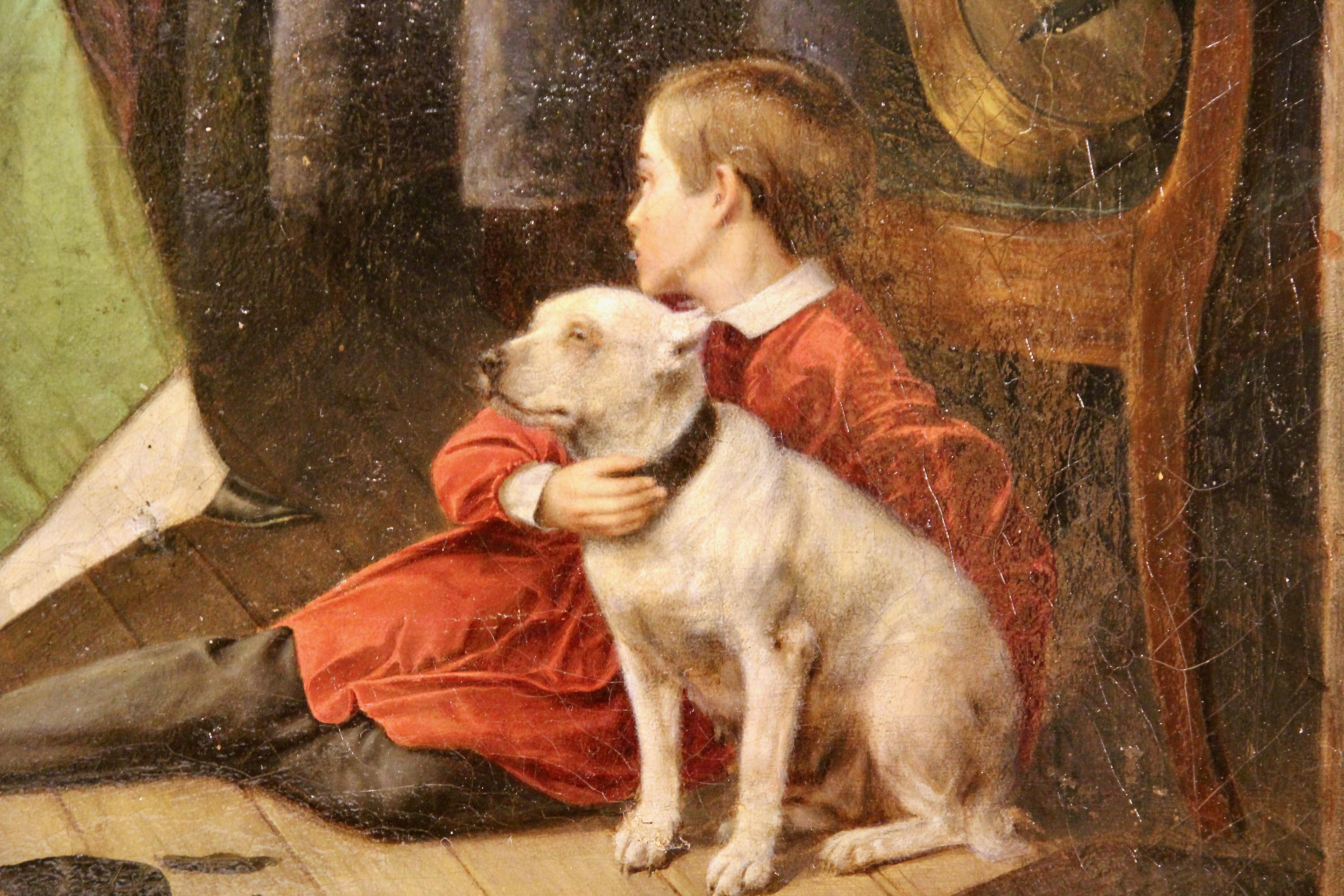 Oil Painting, 19th Century. Interior Scene with Family and dog. 