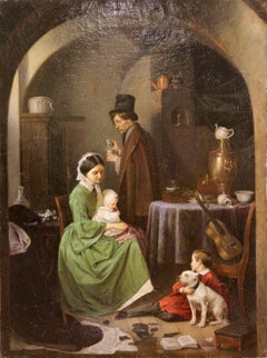 Oil Painting, 19th Century. Interior Scene with Family and dog. "The Alcoholic"