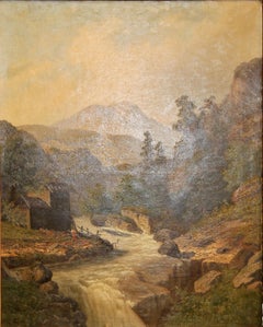 Oil painting, 19th century, river and mountain landscape.