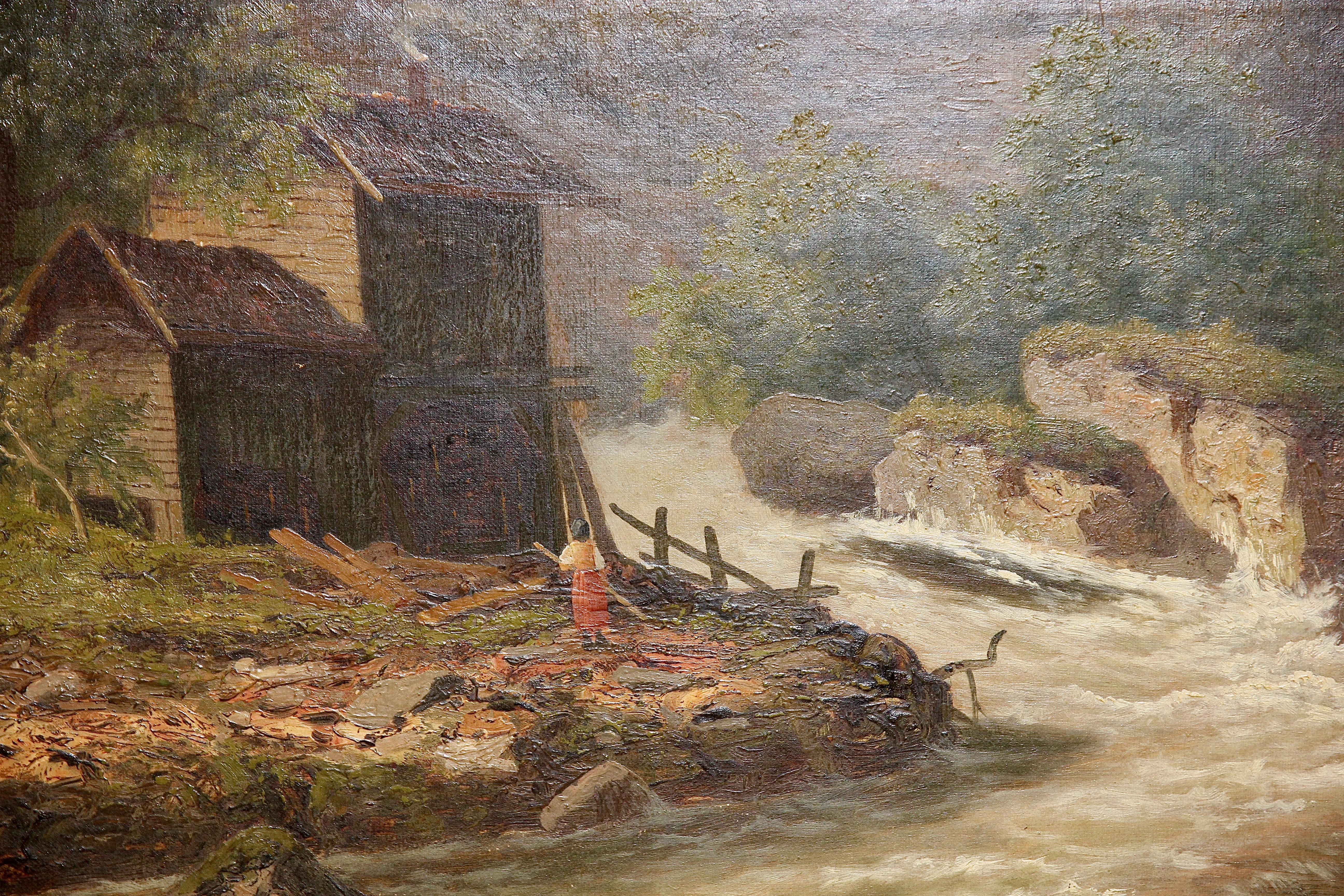 Peinture à l'huile, XIXe siècle, paysage de rivière et de montagne.  - Marron Landscape Painting par Unknown