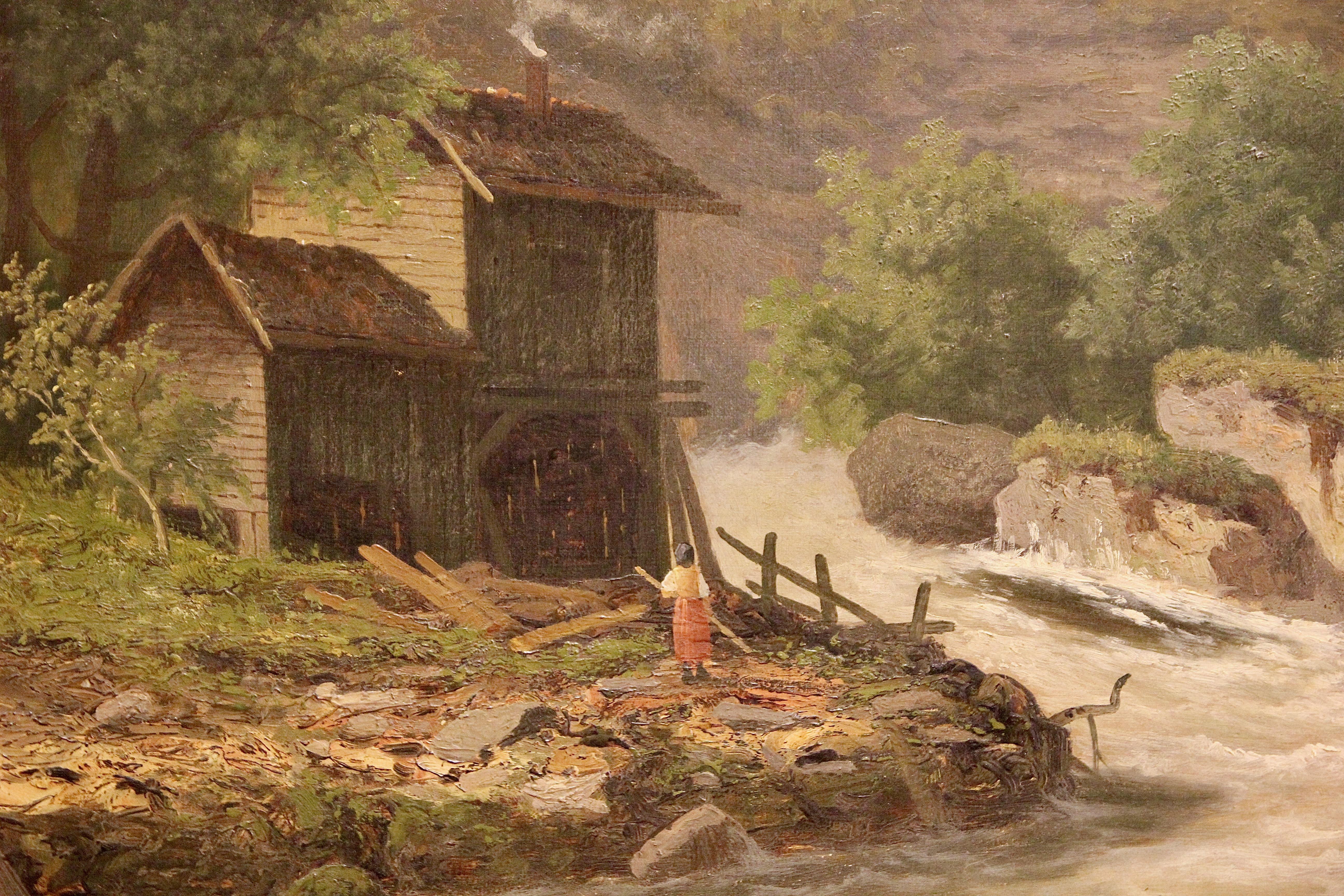 Peinture à l'huile, XIXe siècle, paysage de rivière et de montagne.  en vente 3